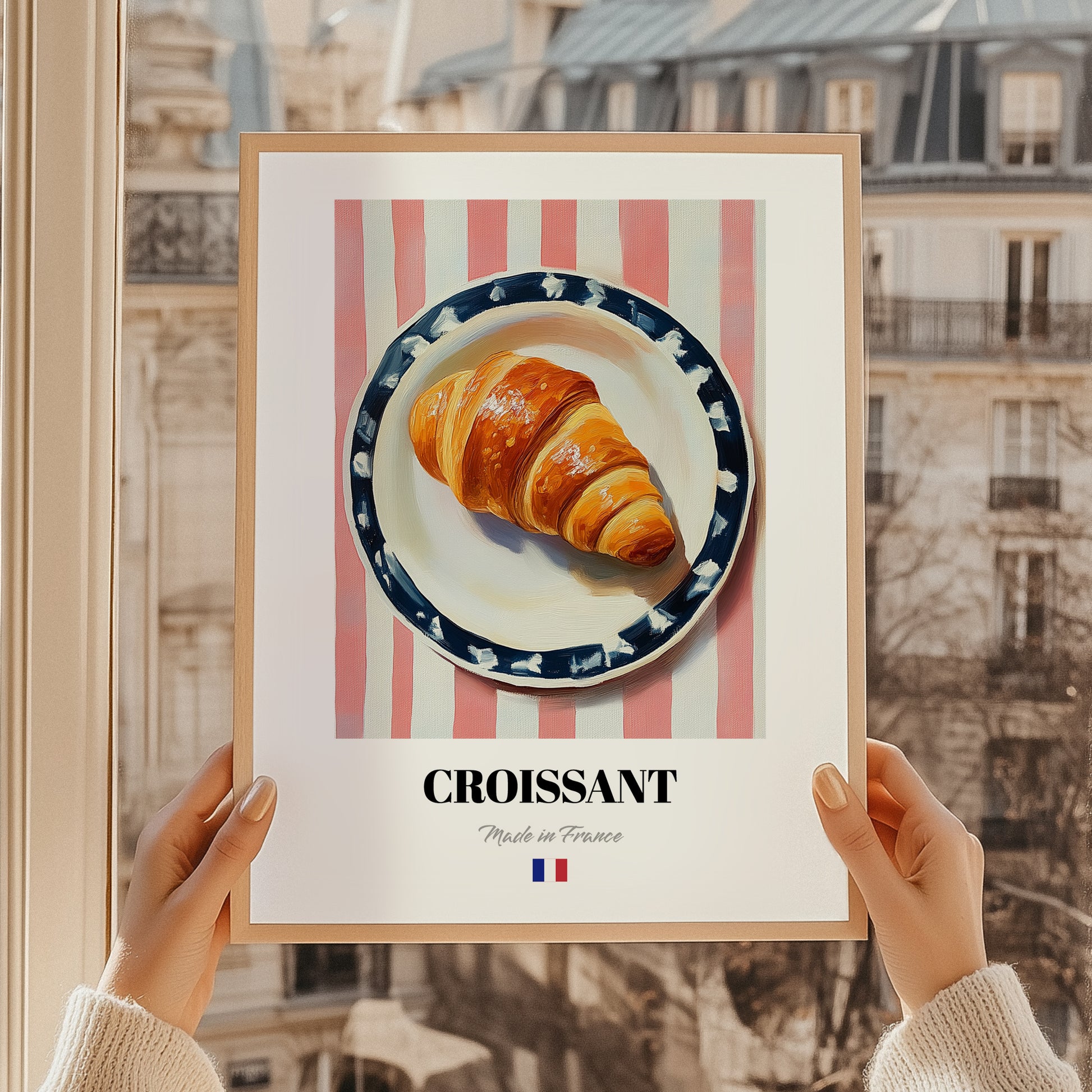 Croissant – on Striped Tablecloth, French French Pastry Wall Art, styled in a charming Paris street view