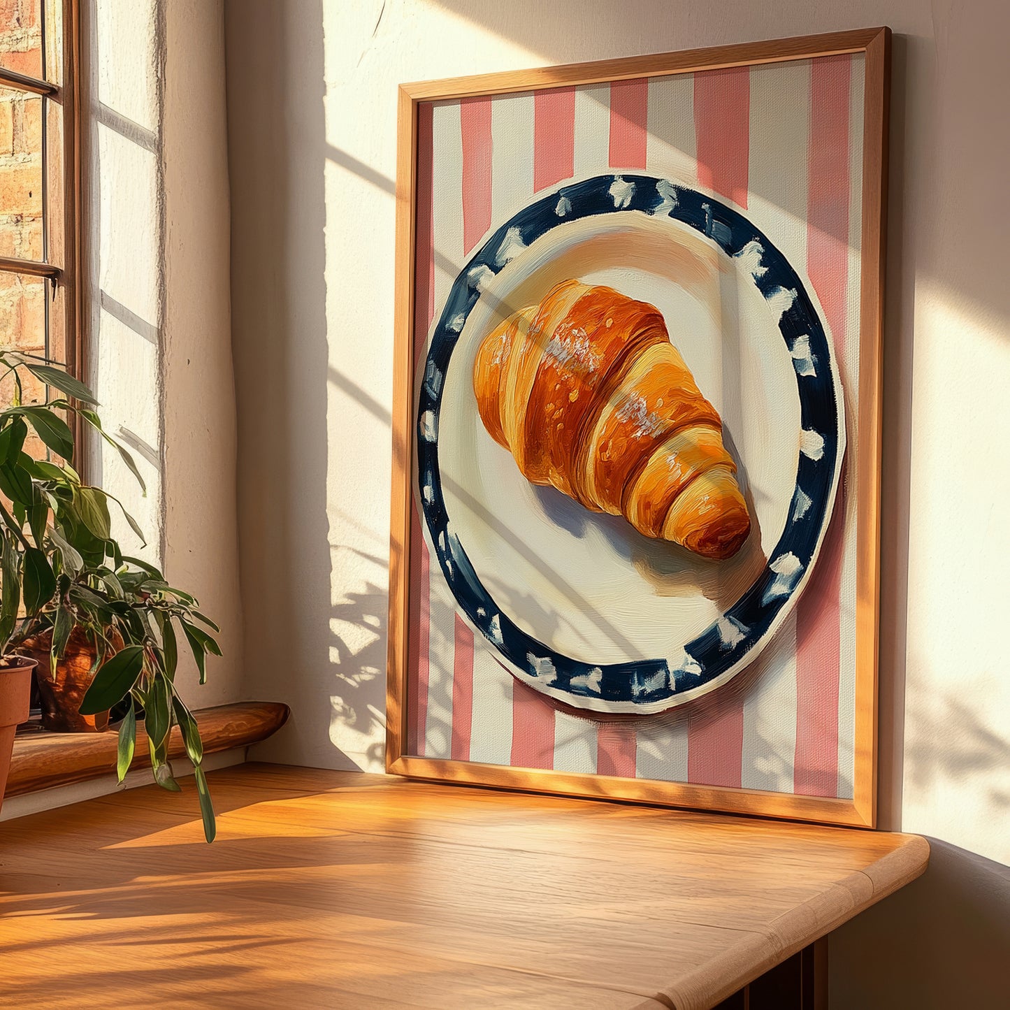 Croissant – on Striped Tablecloth, French French Pastry Wall Art, clean layout with no caption