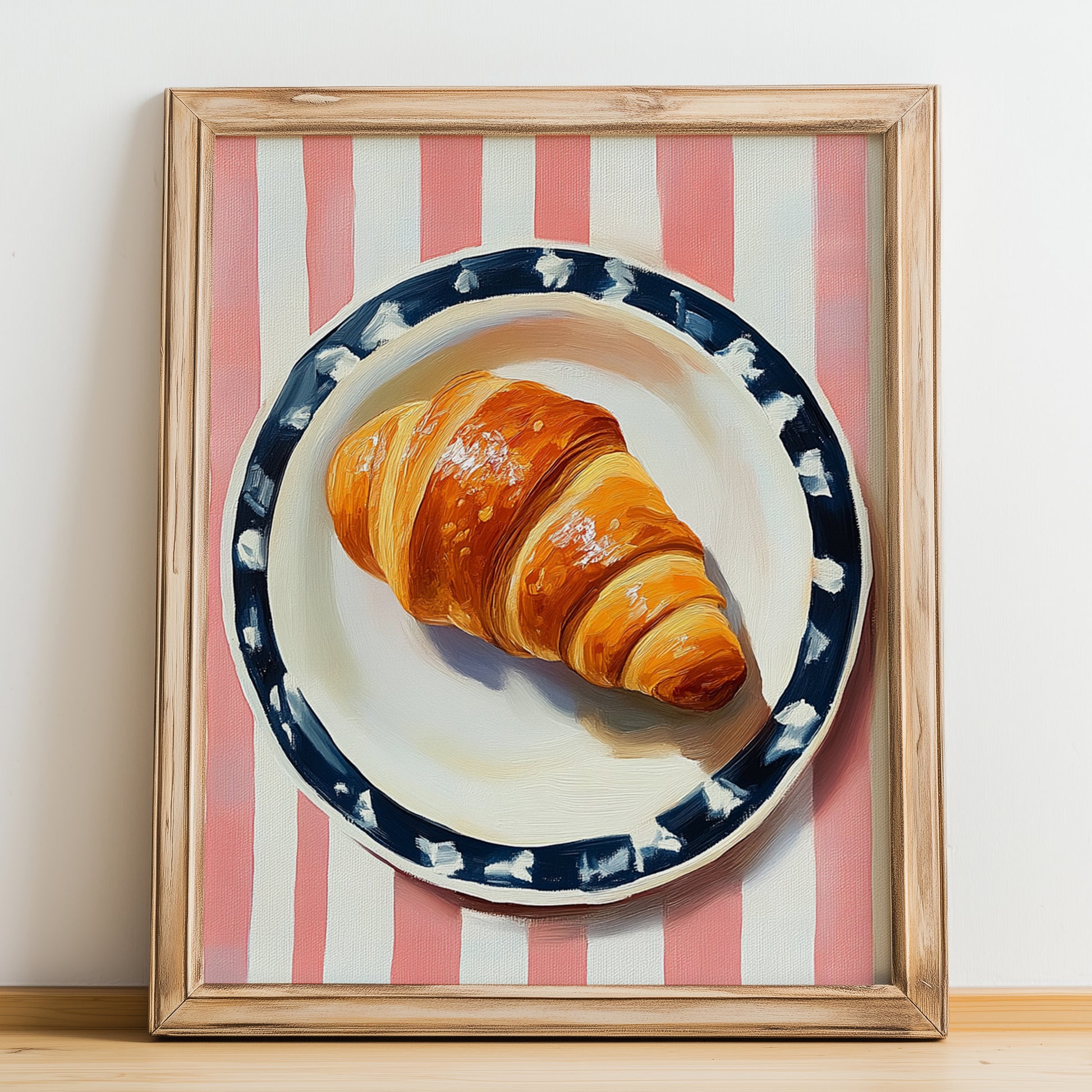 Croissant – on Striped Tablecloth, French French Pastry Wall Art, no-text version framed in wood