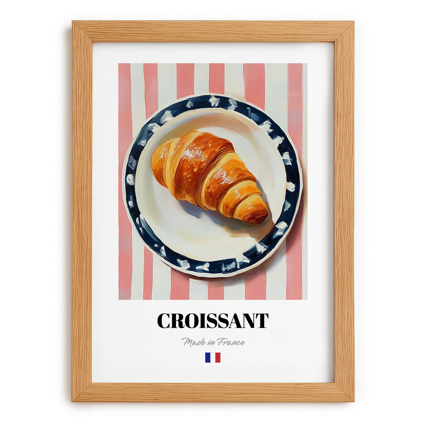 Croissant – on Striped Tablecloth, French French Pastry Wall Art, set in oak frame