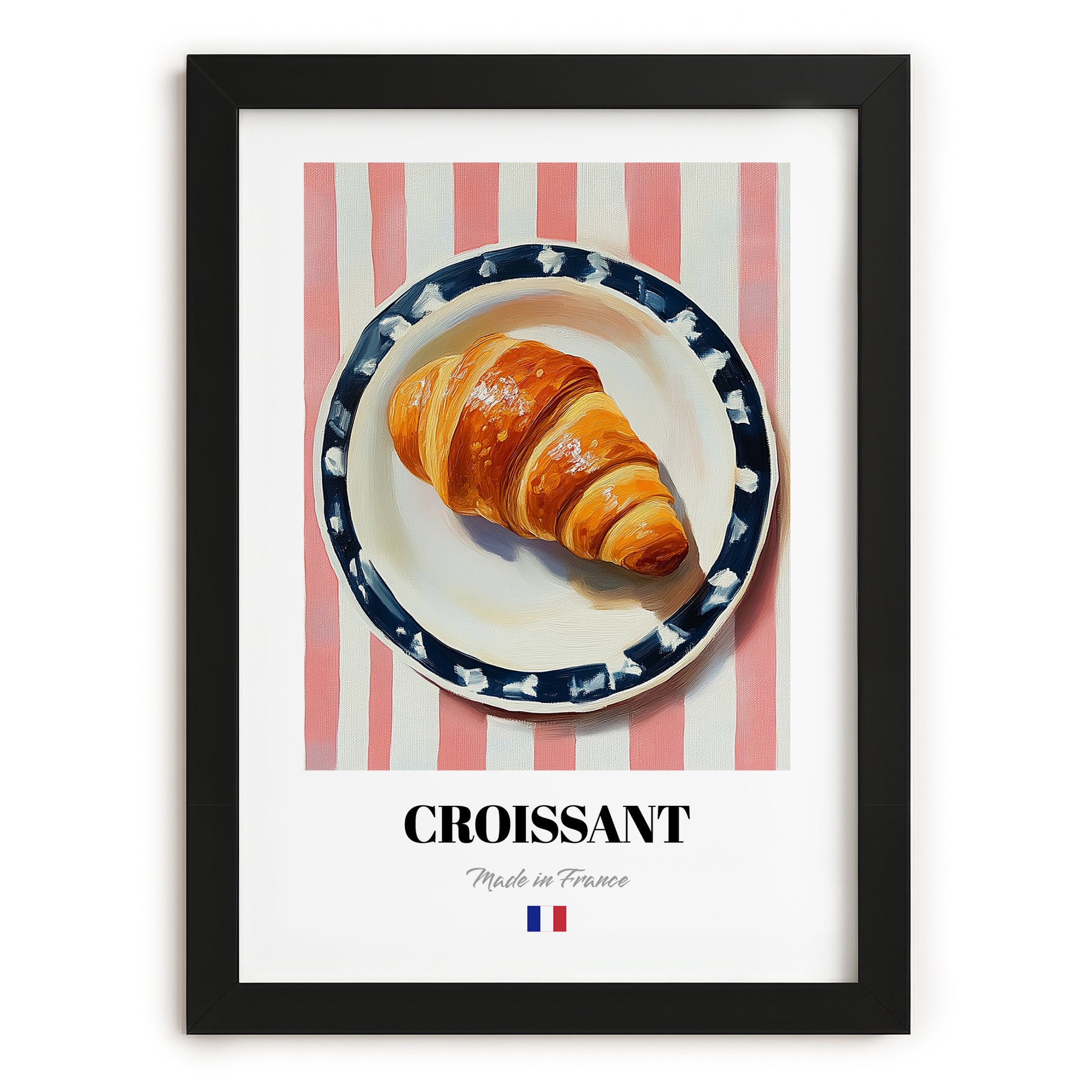 Croissant – on Striped Tablecloth, French French Pastry Wall Art, in sleek black frame