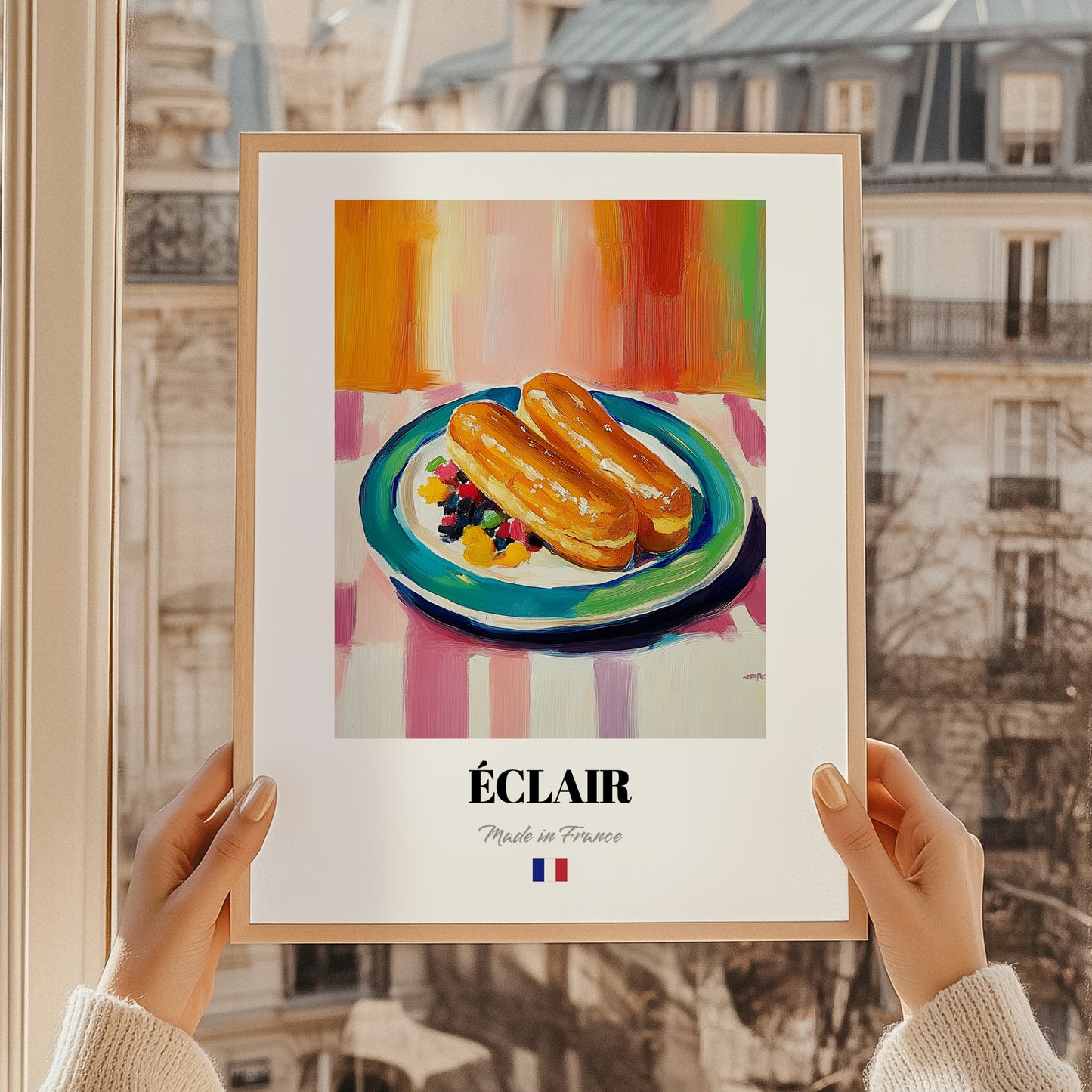 Éclair – Colorful Oil Painting, French French Pastry Print, styled in a charming Paris street view