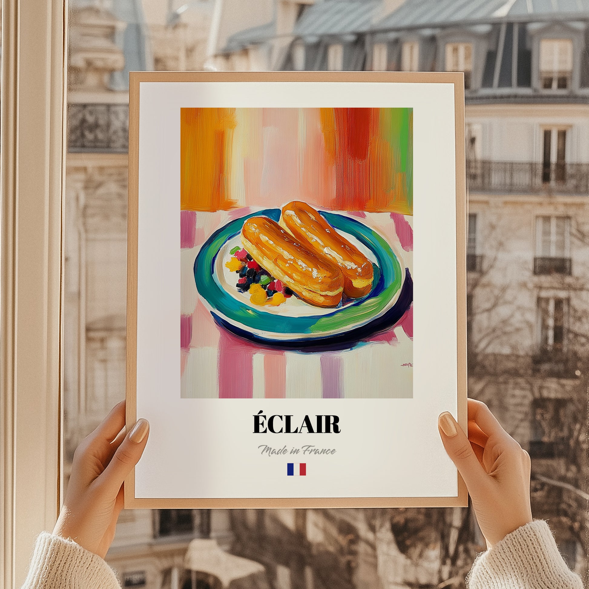 Éclair – Colorful Oil Painting, French French Pastry Print, styled in a charming Paris street view