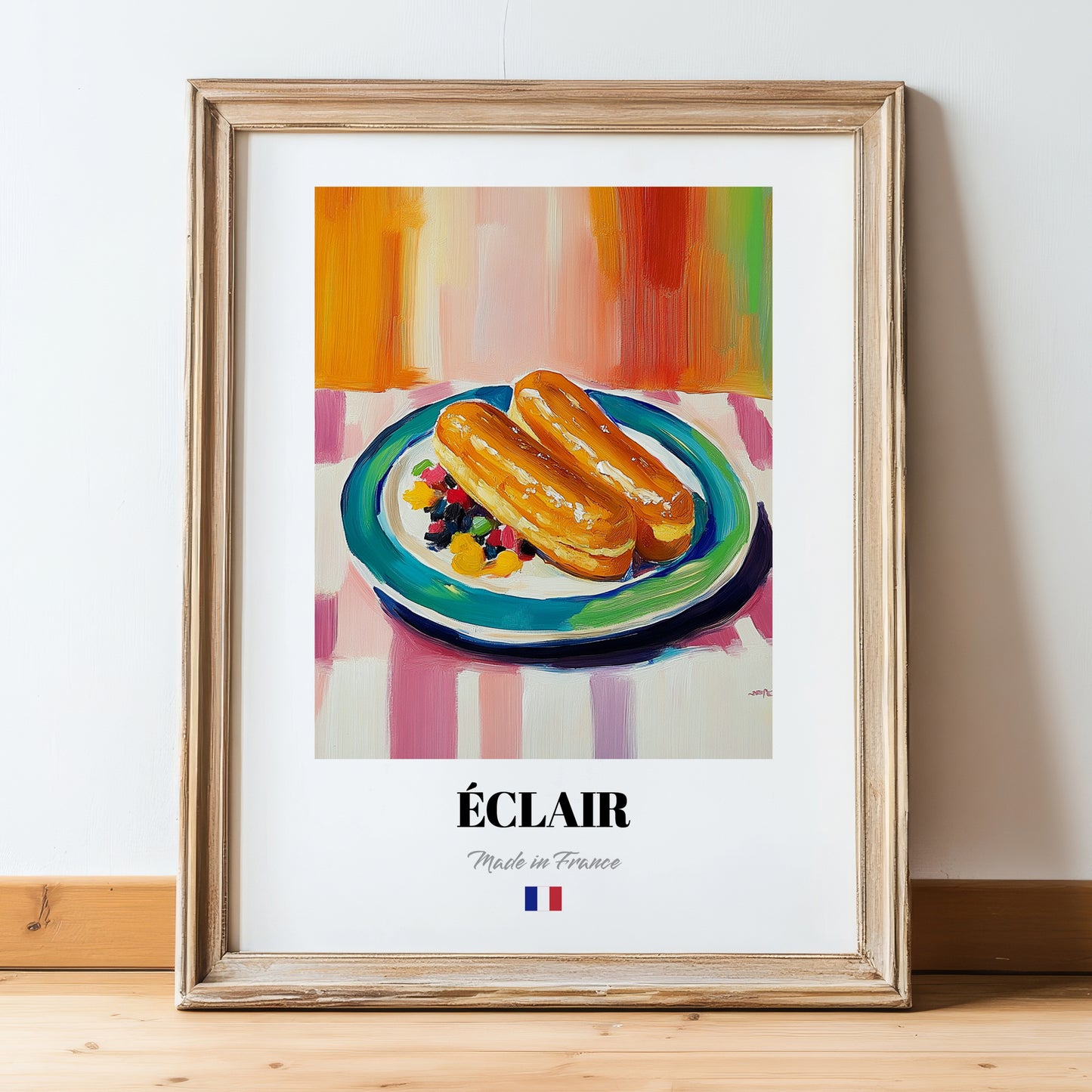 Éclair – Colorful Oil Painting, French French Pastry Print, in wooden frame leaning on the floor