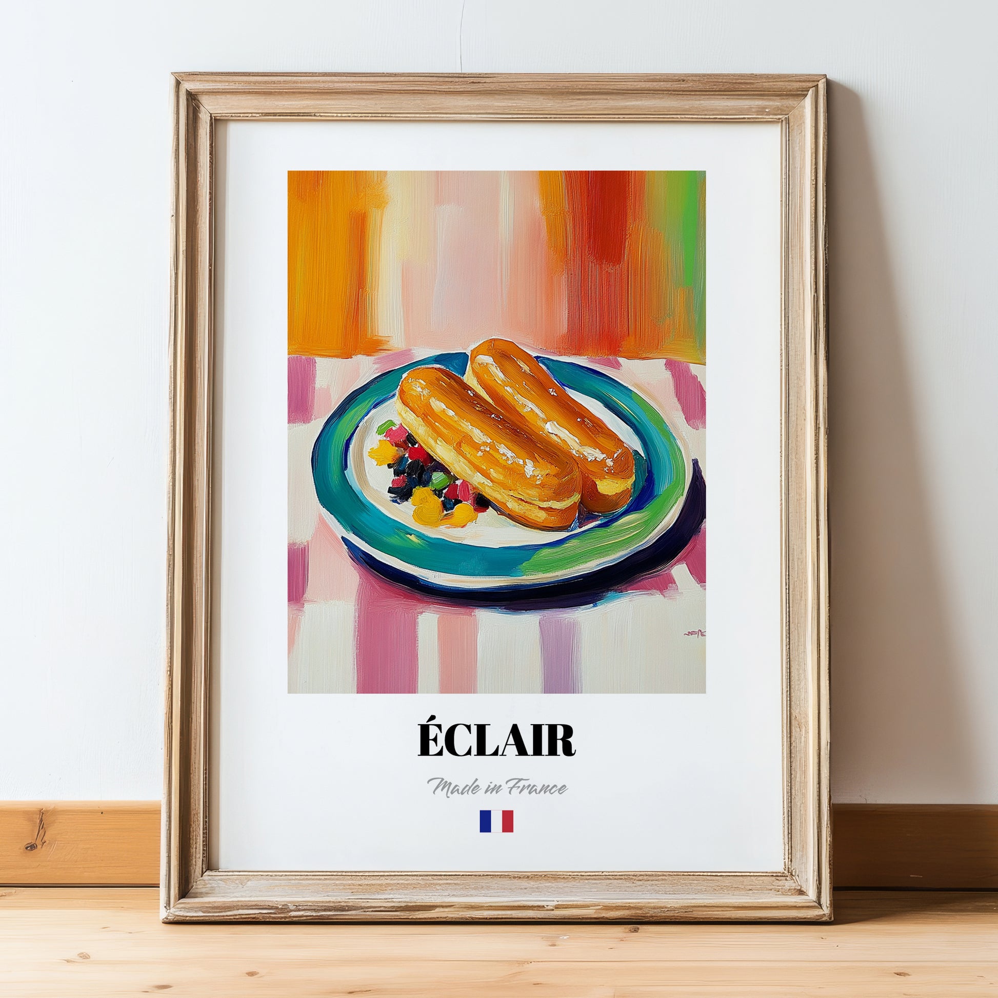 Éclair – Colorful Oil Painting, French French Pastry Print, in wooden frame leaning on the floor