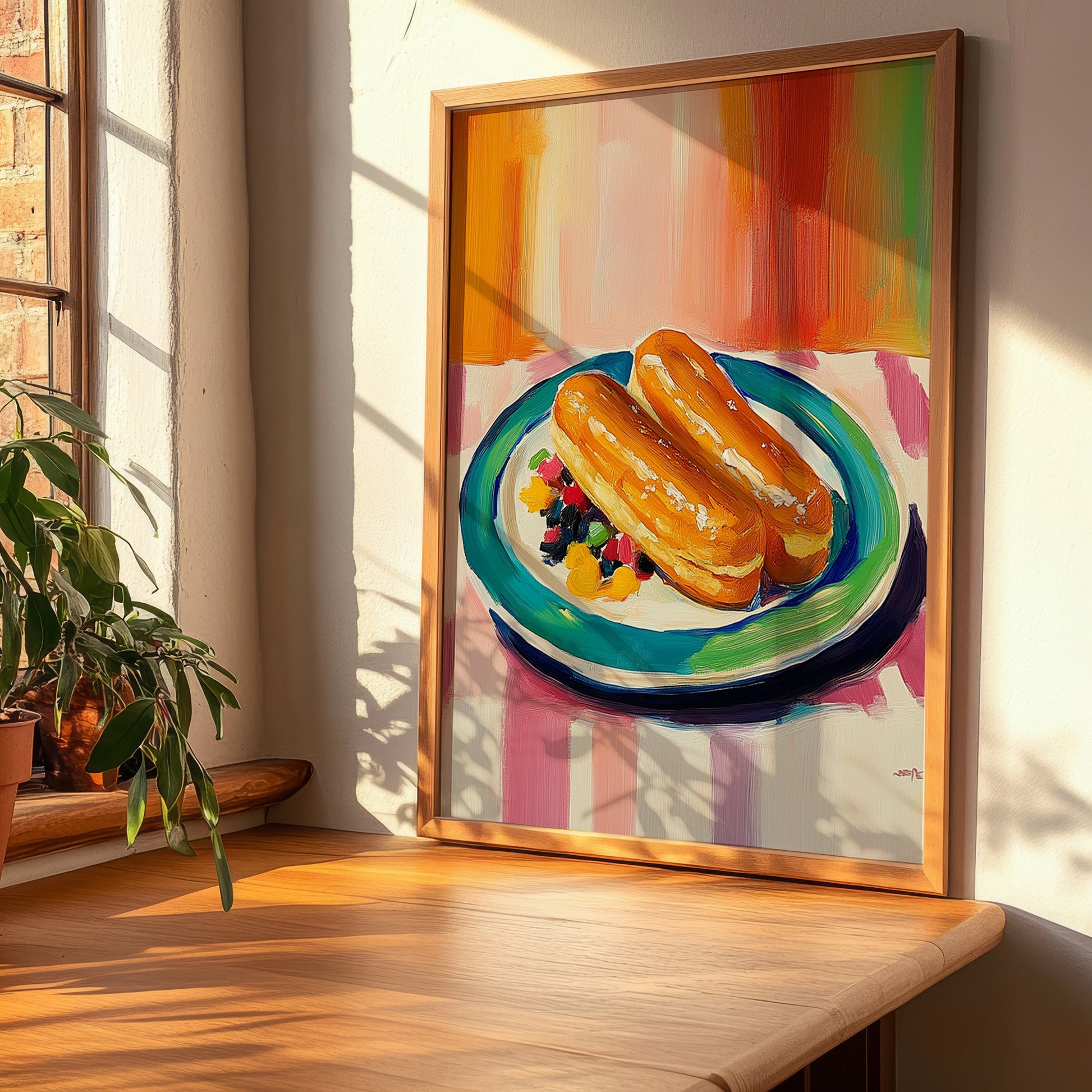 Éclair – Colorful Oil Painting, French French Pastry Print, clean layout with no caption