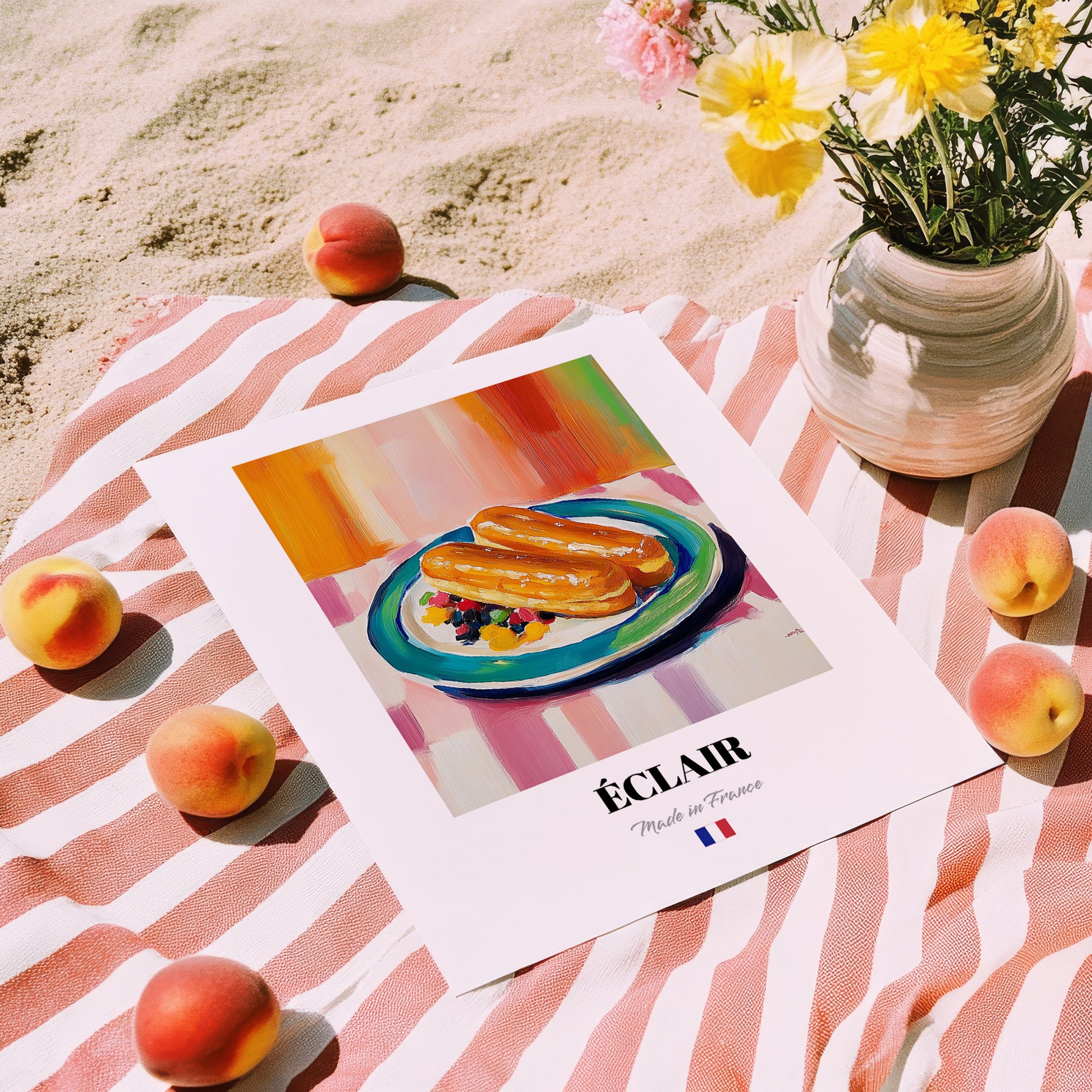 Éclair – Colorful Oil Painting, French French Pastry Print, unframed on coastal sand