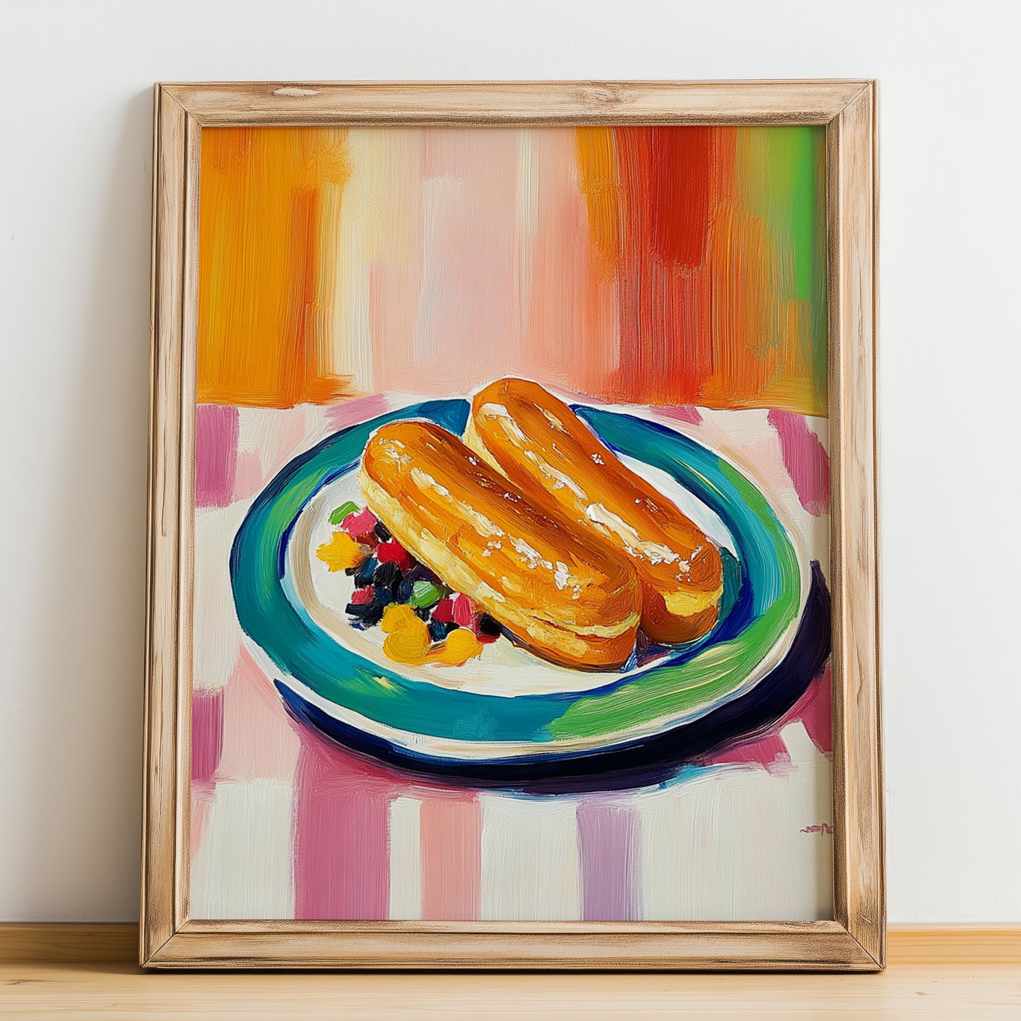 Éclair – Colorful Oil Painting, French French Pastry Print, no-text version framed in wood
