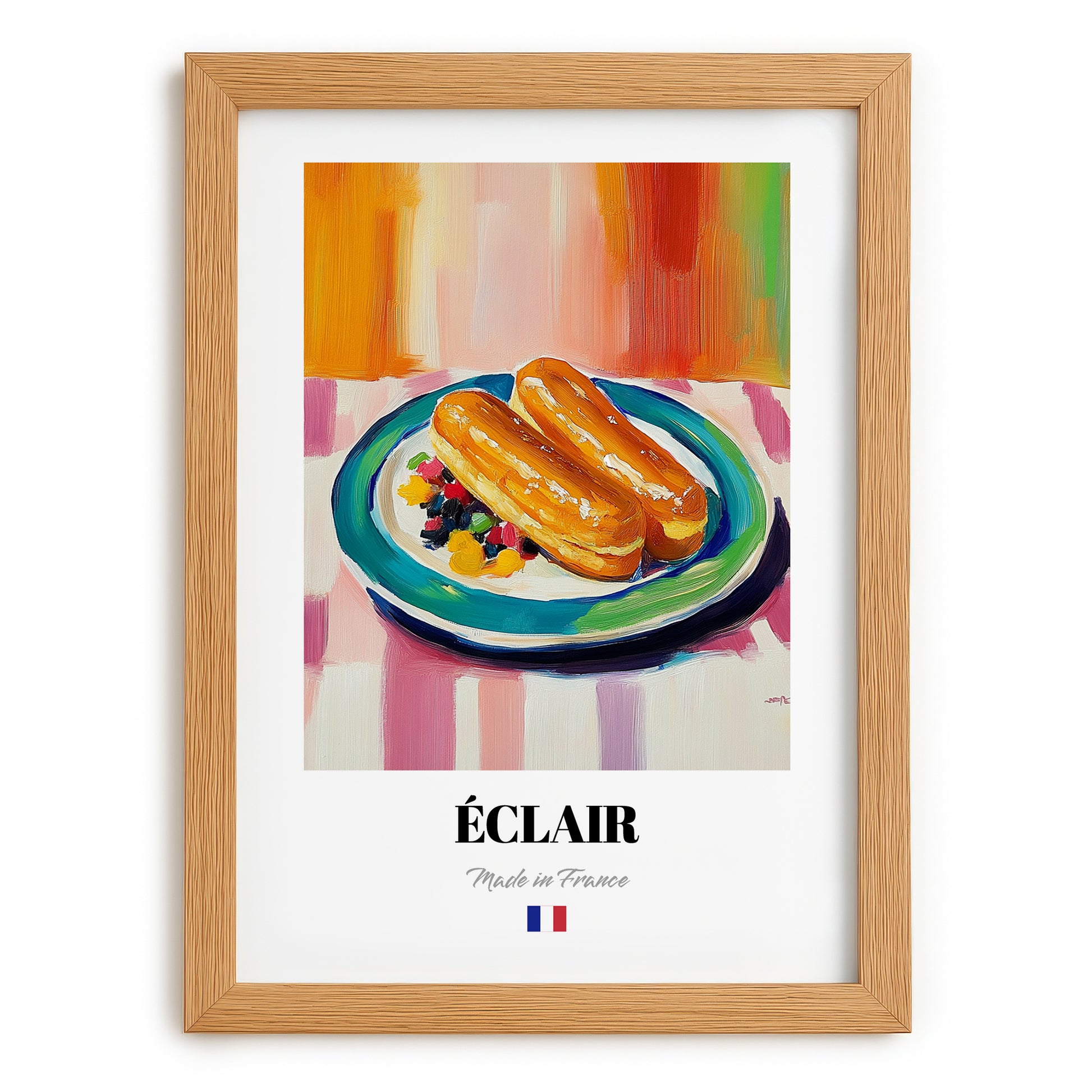 Éclair – Colorful Oil Painting, French French Pastry Print, set in oak frame