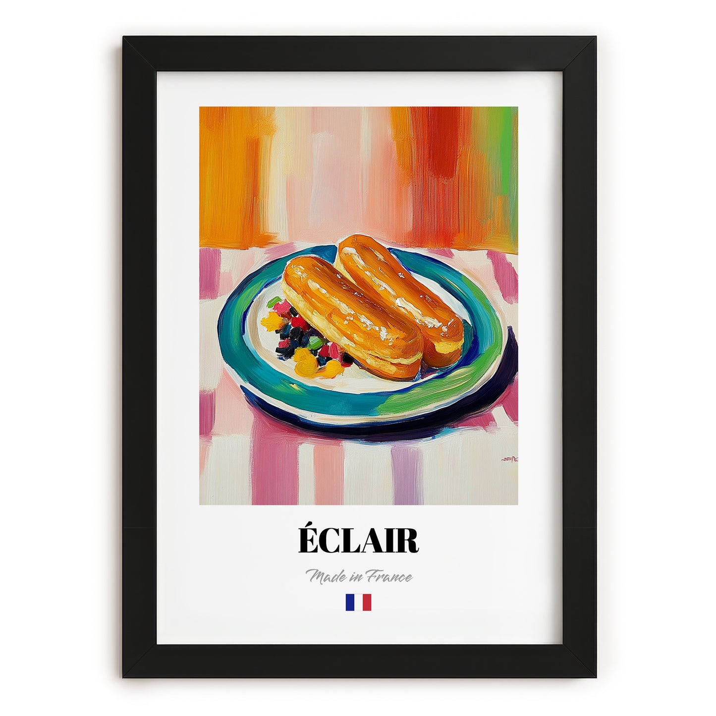 Éclair – Colorful Oil Painting, French French Pastry Print, in sleek black frame