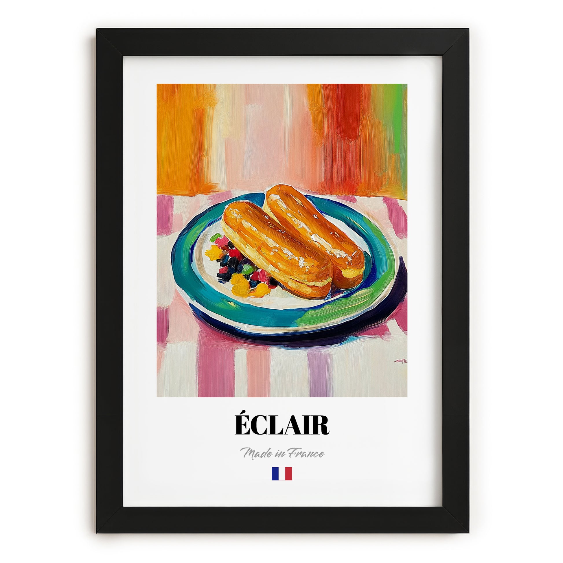 Éclair – Colorful Oil Painting, French French Pastry Print, in sleek black frame
