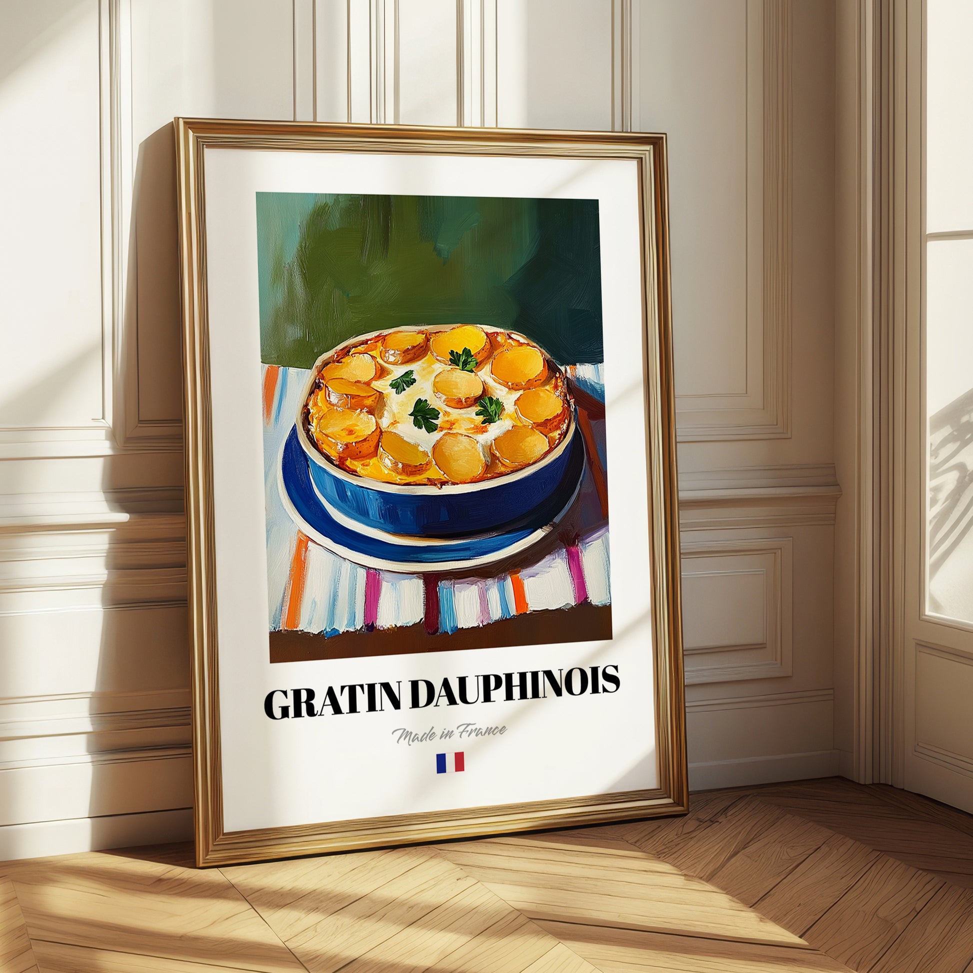 Gratin Dauphinois – on Striped Tablecloth, French Food Illustration