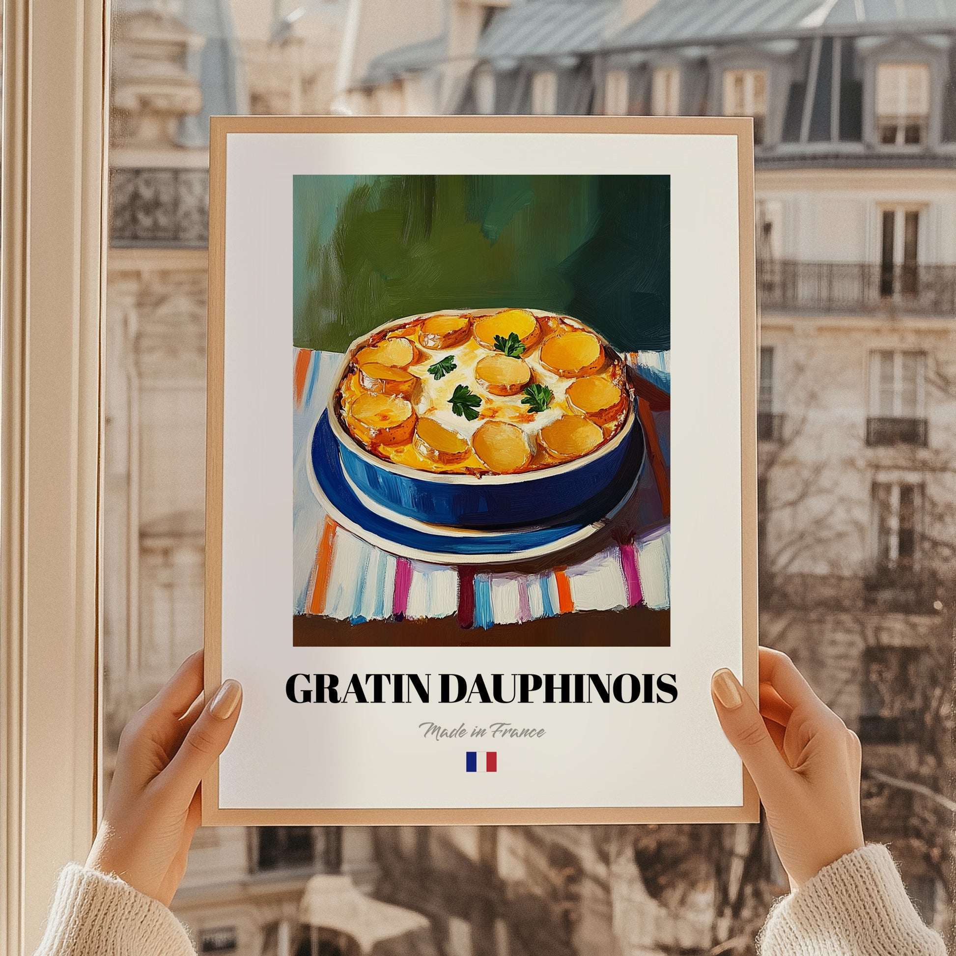 Gratin Dauphinois – on Striped Tablecloth, French Food Illustration, styled in a charming Paris street view