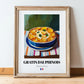 Gratin Dauphinois – on Striped Tablecloth, French Food Illustration, in wooden frame leaning on the floor