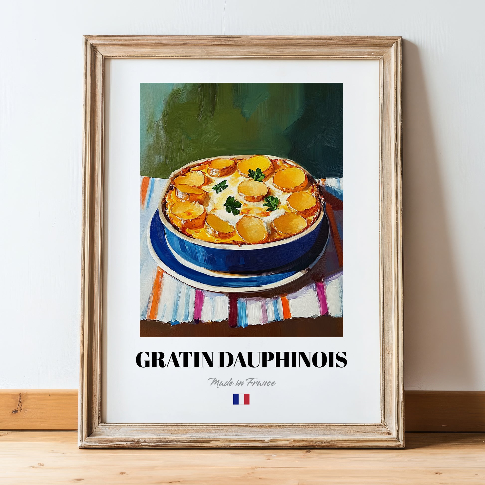 Gratin Dauphinois – on Striped Tablecloth, French Food Illustration, in wooden frame leaning on the floor