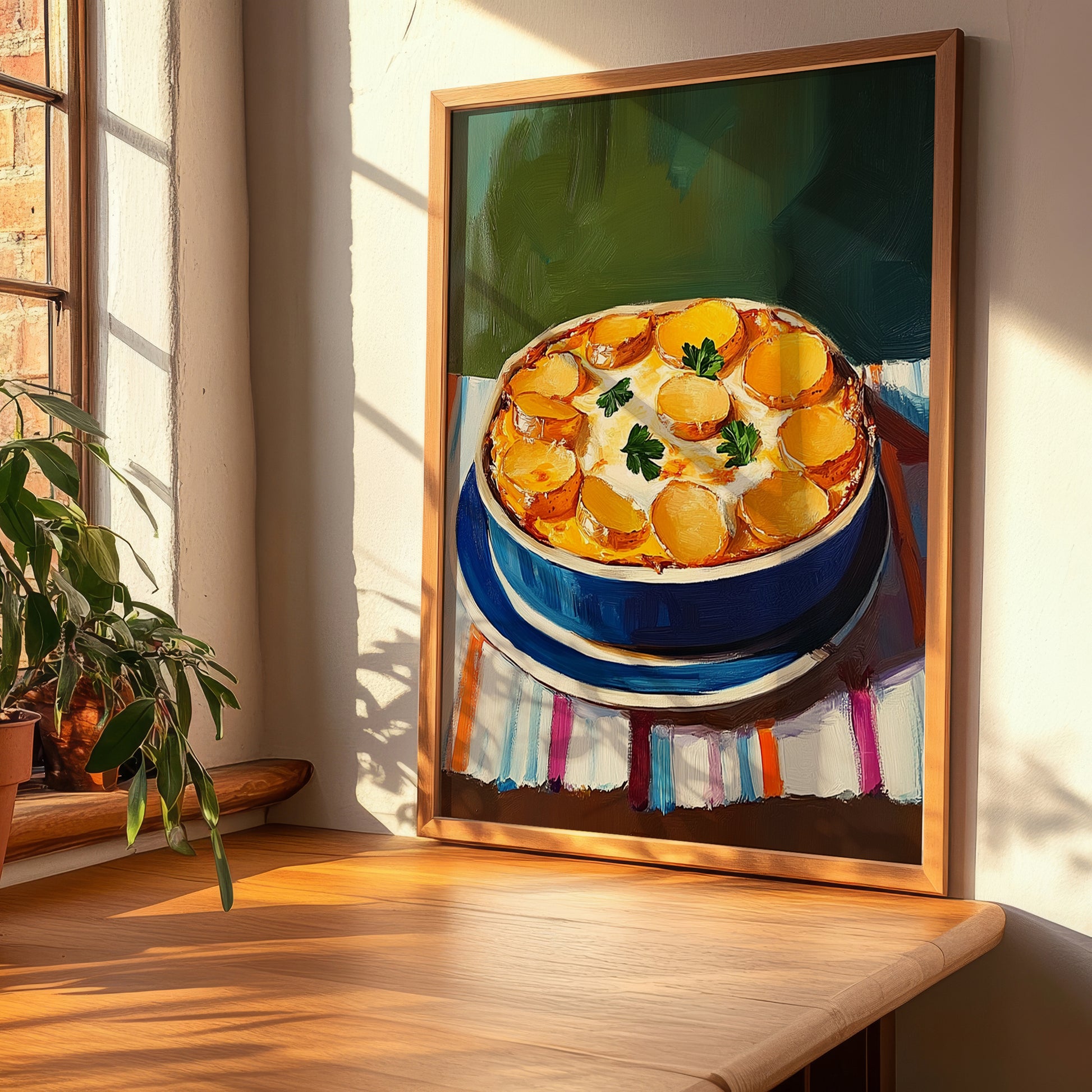 Gratin Dauphinois – on Striped Tablecloth, French Food Illustration, clean layout with no caption