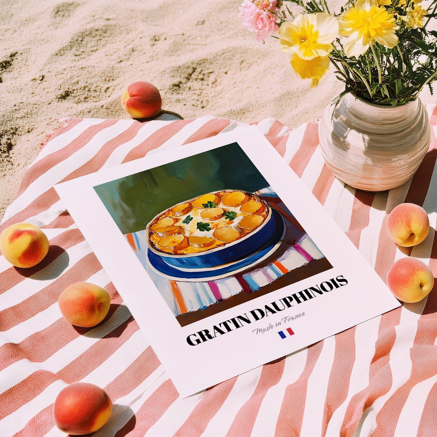 Gratin Dauphinois – on Striped Tablecloth, French Food Illustration, unframed on coastal sand