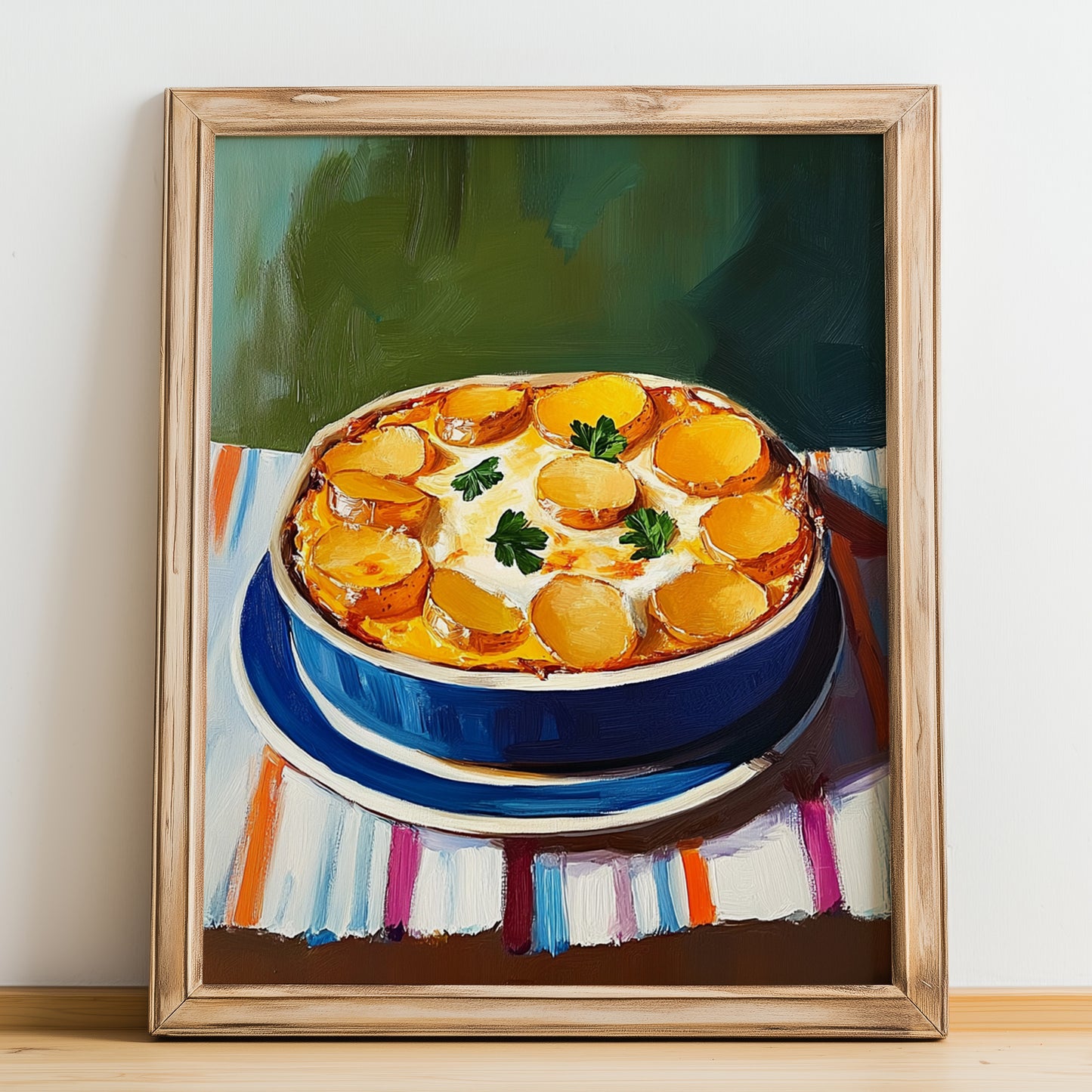 Gratin Dauphinois – on Striped Tablecloth, French Food Illustration, no-text version framed in wood
