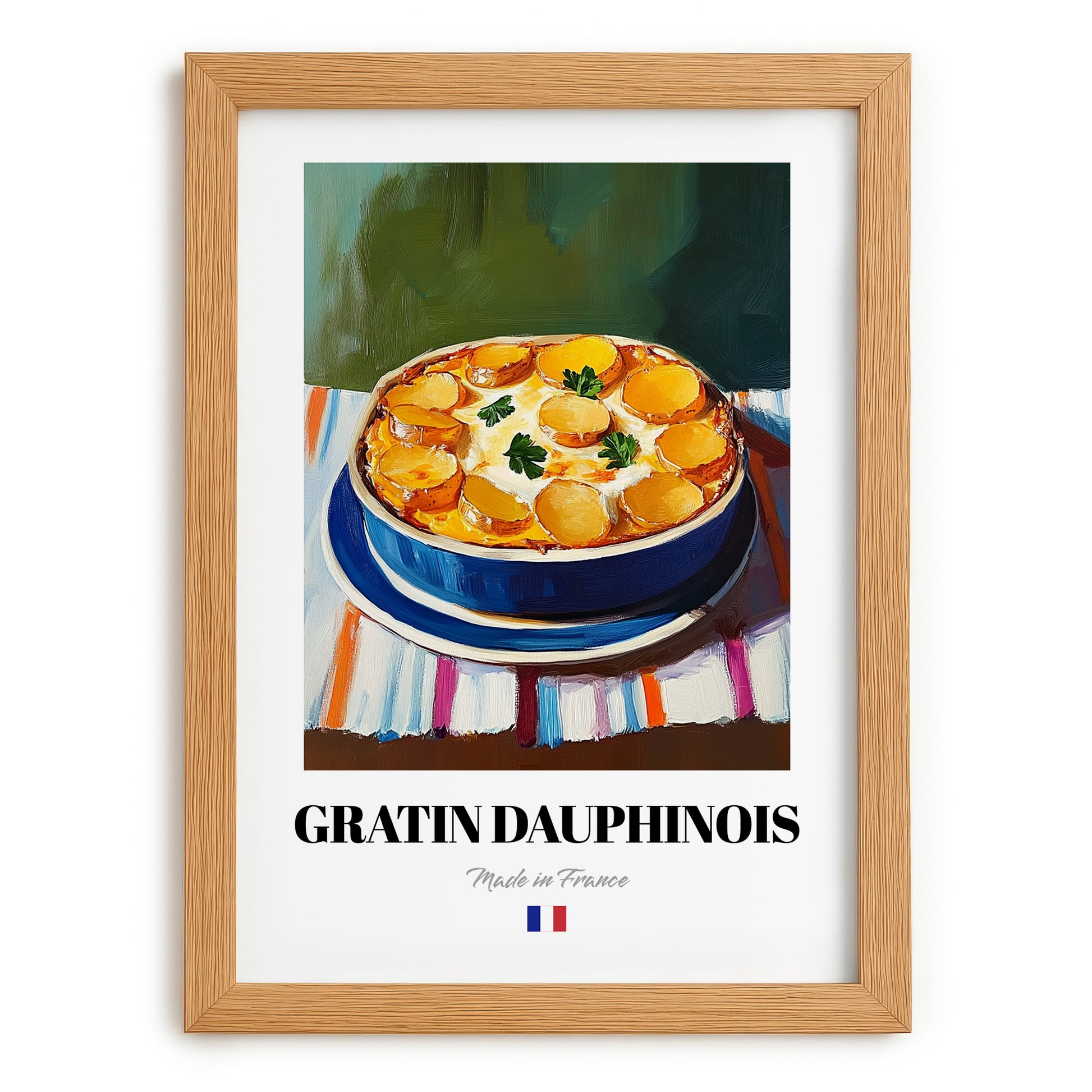Gratin Dauphinois – on Striped Tablecloth, French Food Illustration, set in oak frame