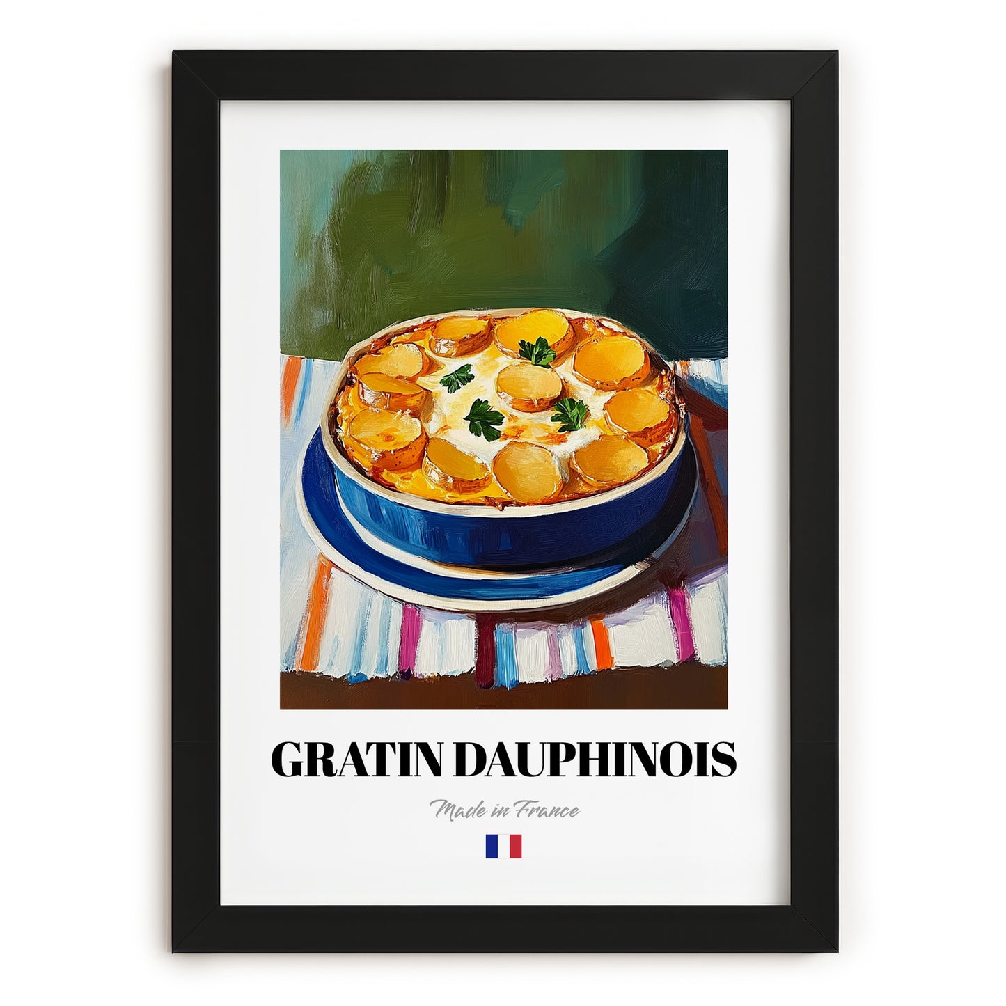 Gratin Dauphinois – on Striped Tablecloth, French Food Illustration, in sleek black frame