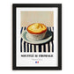 Soufflé au Fromage – on Striped Tablecloth, French Food Wall Print, in sleek black frame