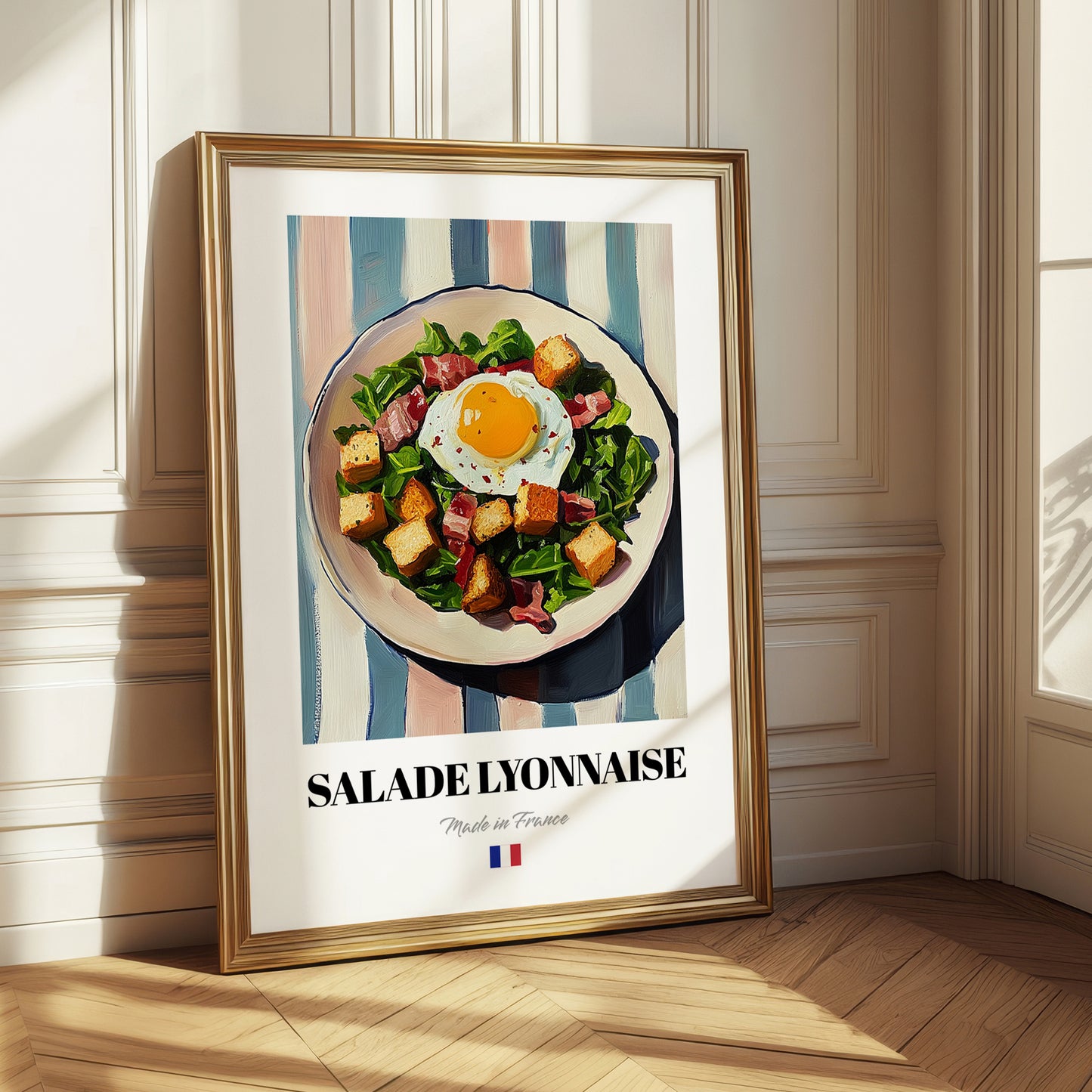 Salade Lyonnaise – on Striped Tablecloth, French Food Still Life