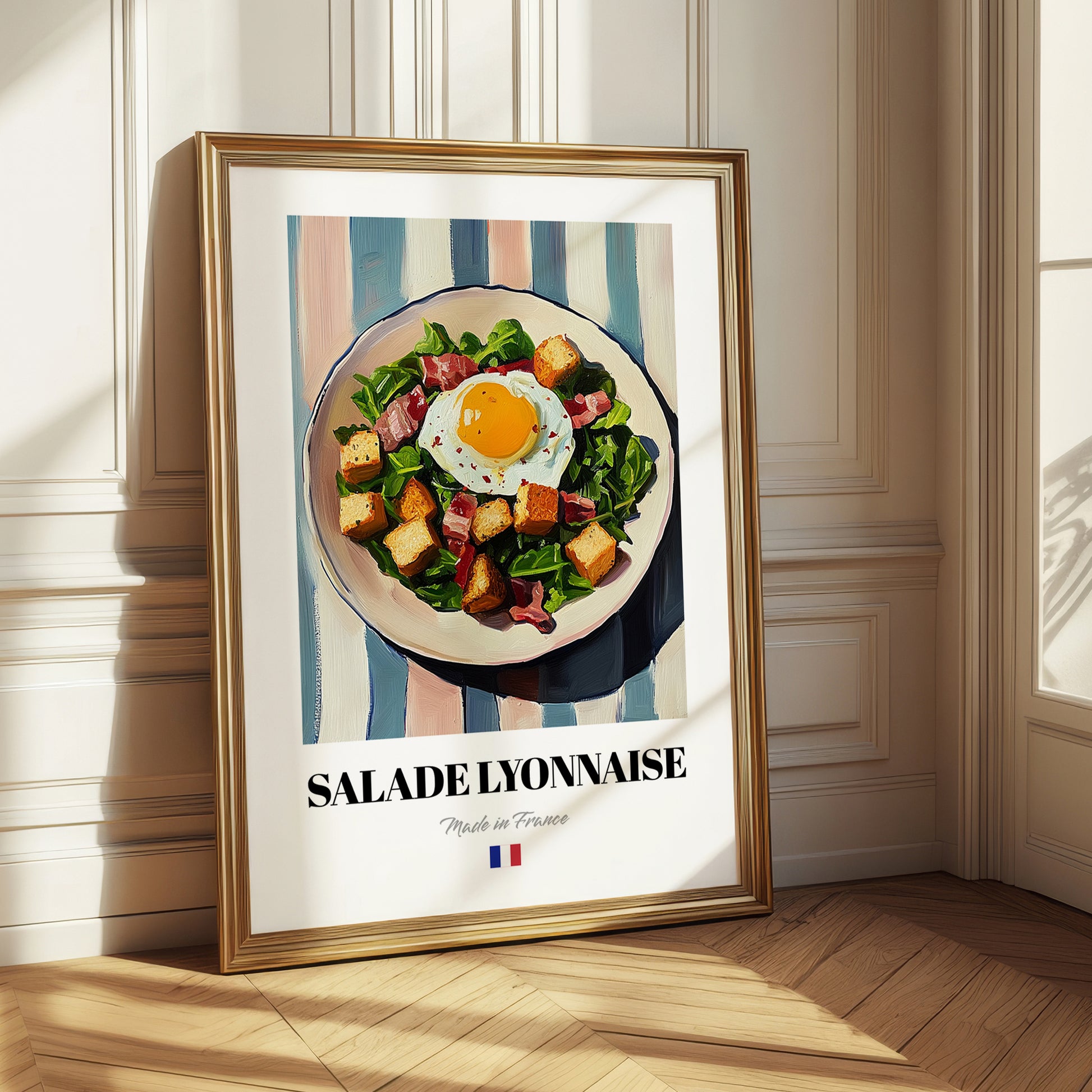 Salade Lyonnaise – on Striped Tablecloth, French Food Still Life