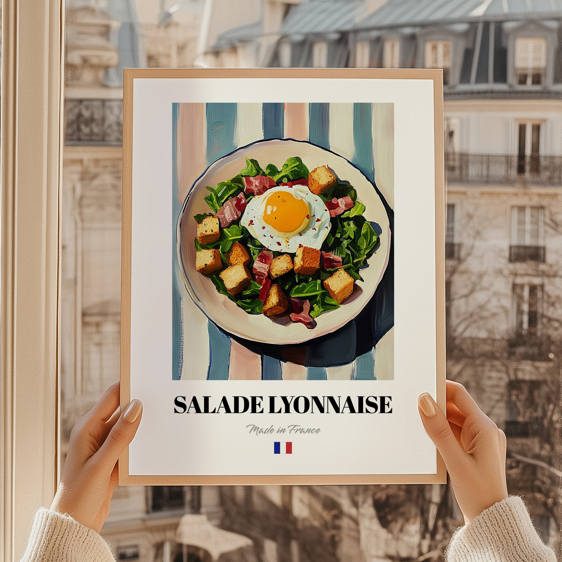 Salade Lyonnaise – on Striped Tablecloth, French Food Still Life, styled in a charming Paris street view