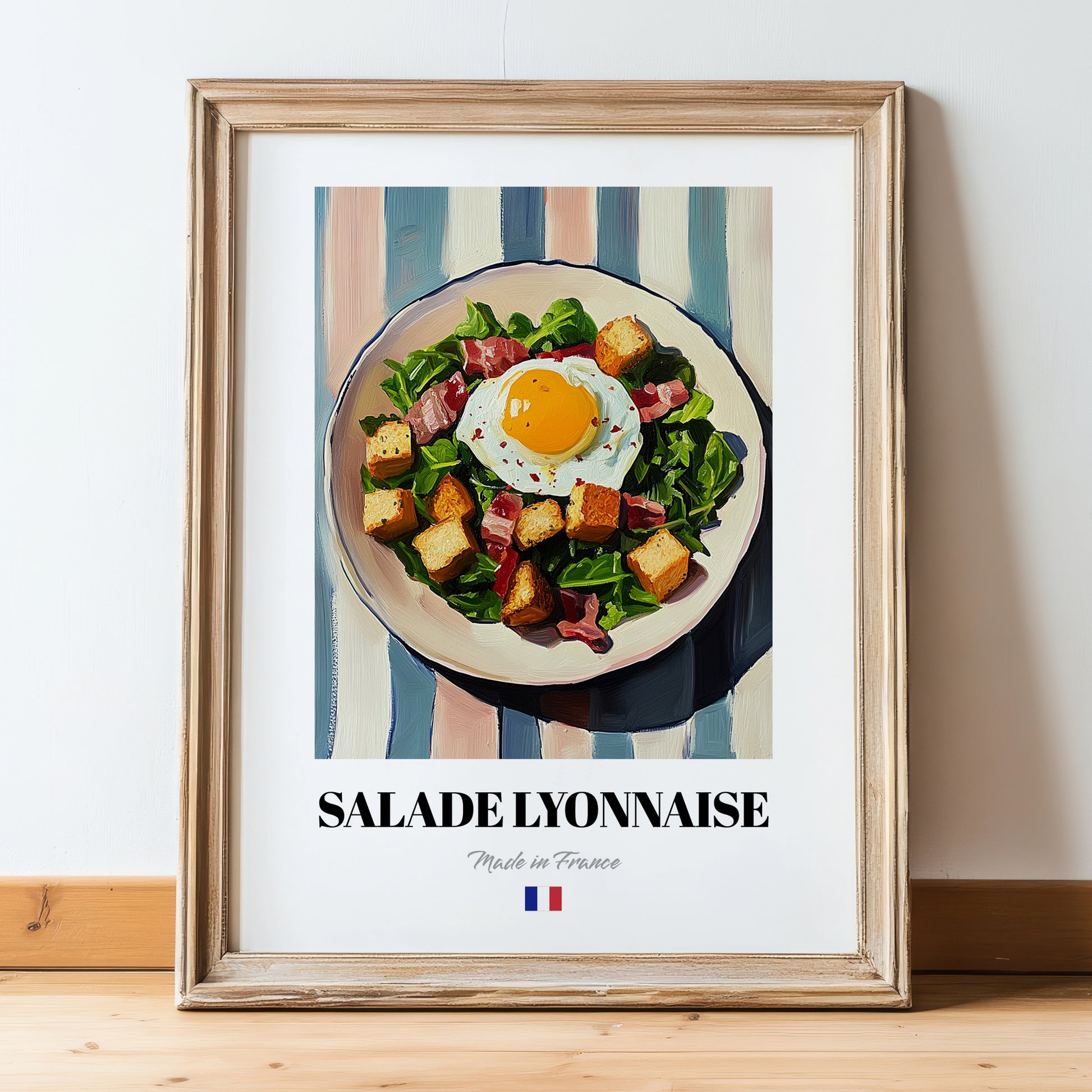 Salade Lyonnaise – on Striped Tablecloth, French Food Still Life, in wooden frame leaning on the floor