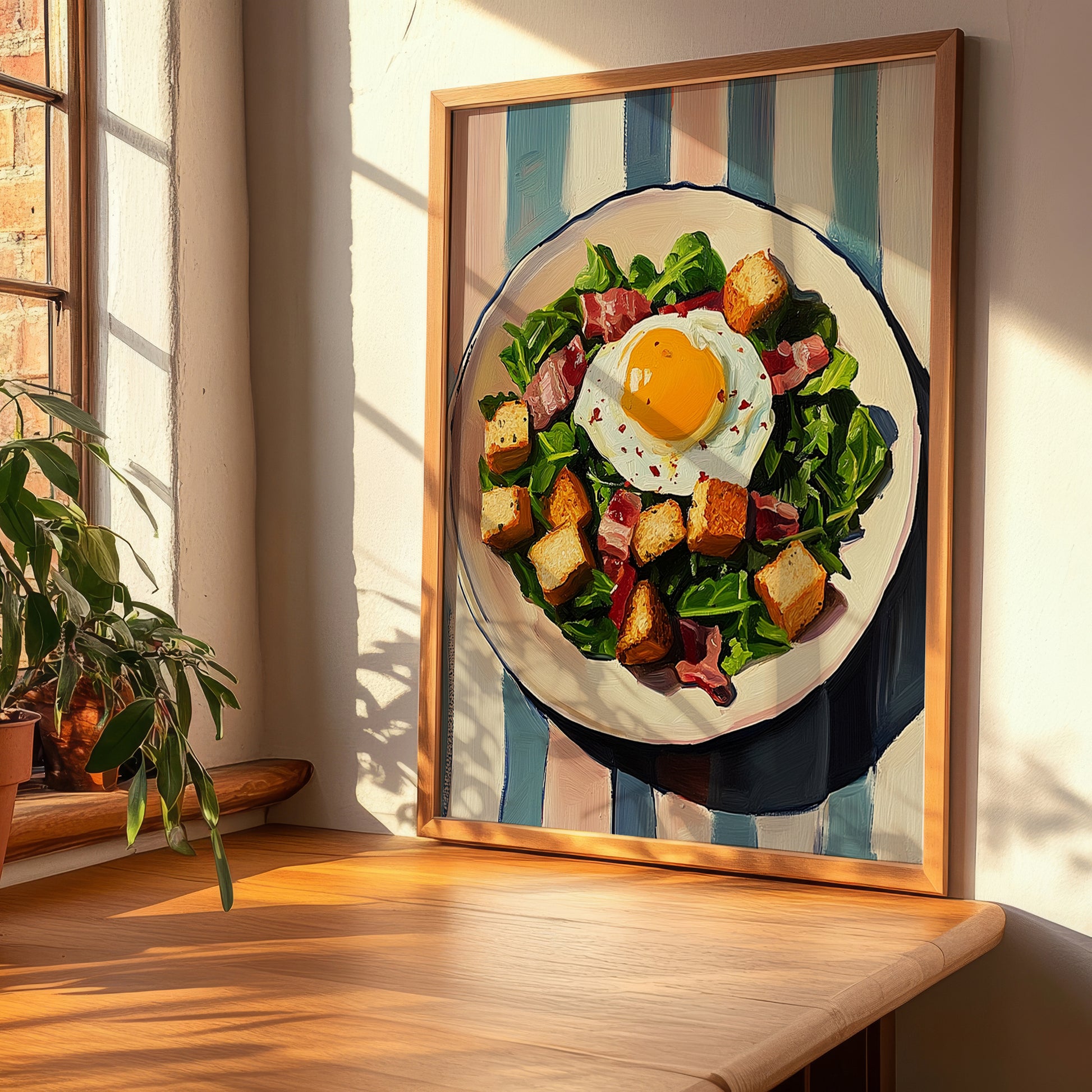 Salade Lyonnaise – on Striped Tablecloth, French Food Still Life, clean layout with no caption