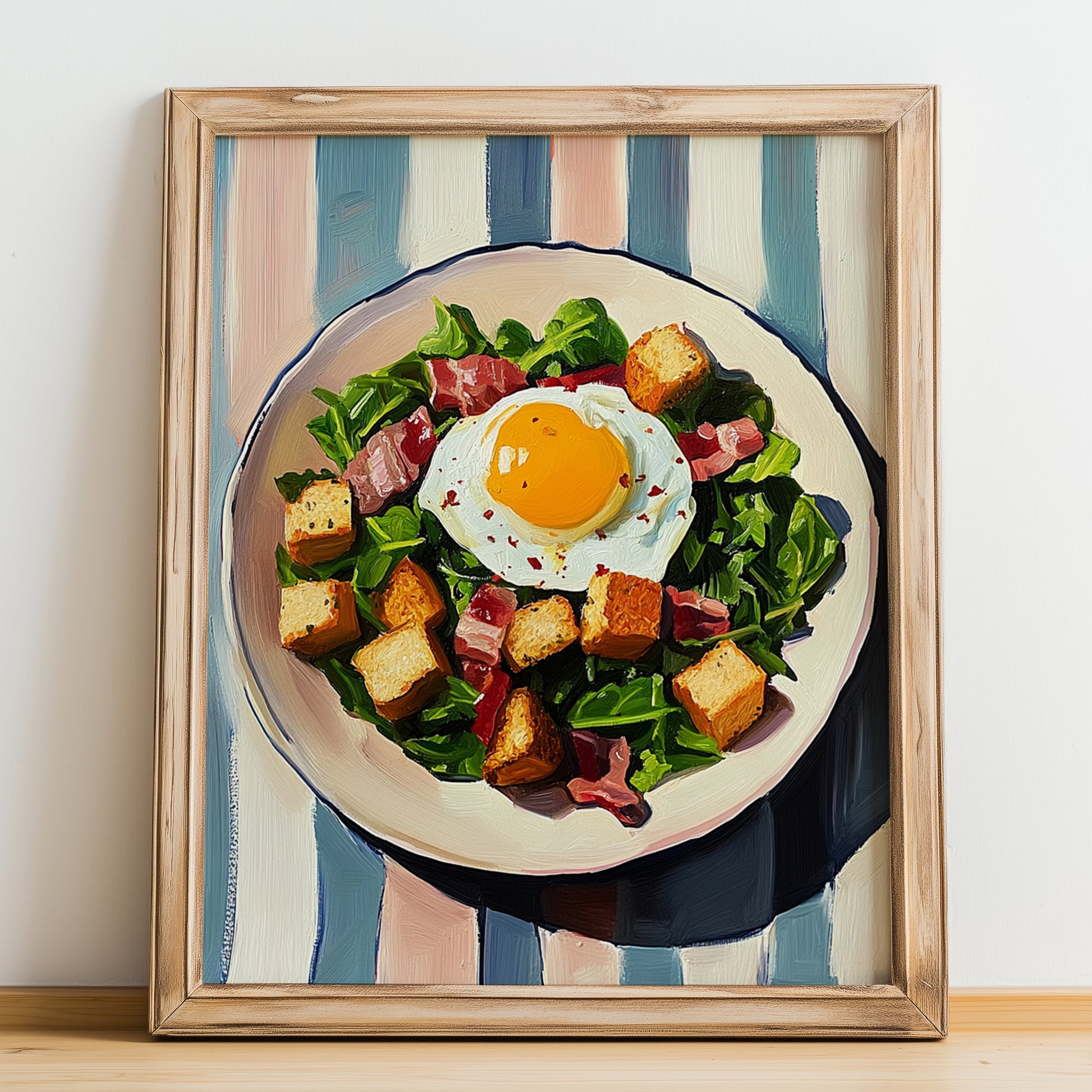 Salade Lyonnaise – on Striped Tablecloth, French Food Still Life, no-text version framed in wood
