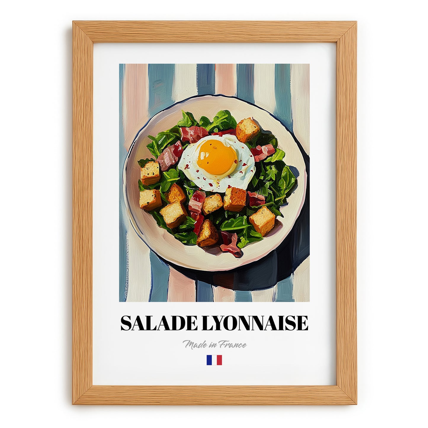 Salade Lyonnaise – on Striped Tablecloth, French Food Still Life, set in oak frame