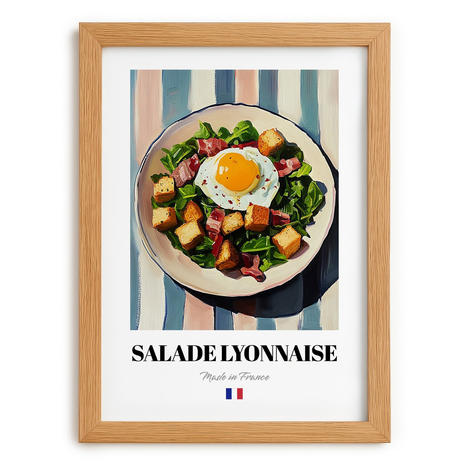 Salade Lyonnaise – on Striped Tablecloth, French Food Still Life, set in oak frame