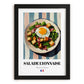 Salade Lyonnaise – on Striped Tablecloth, French Food Still Life, in sleek black frame