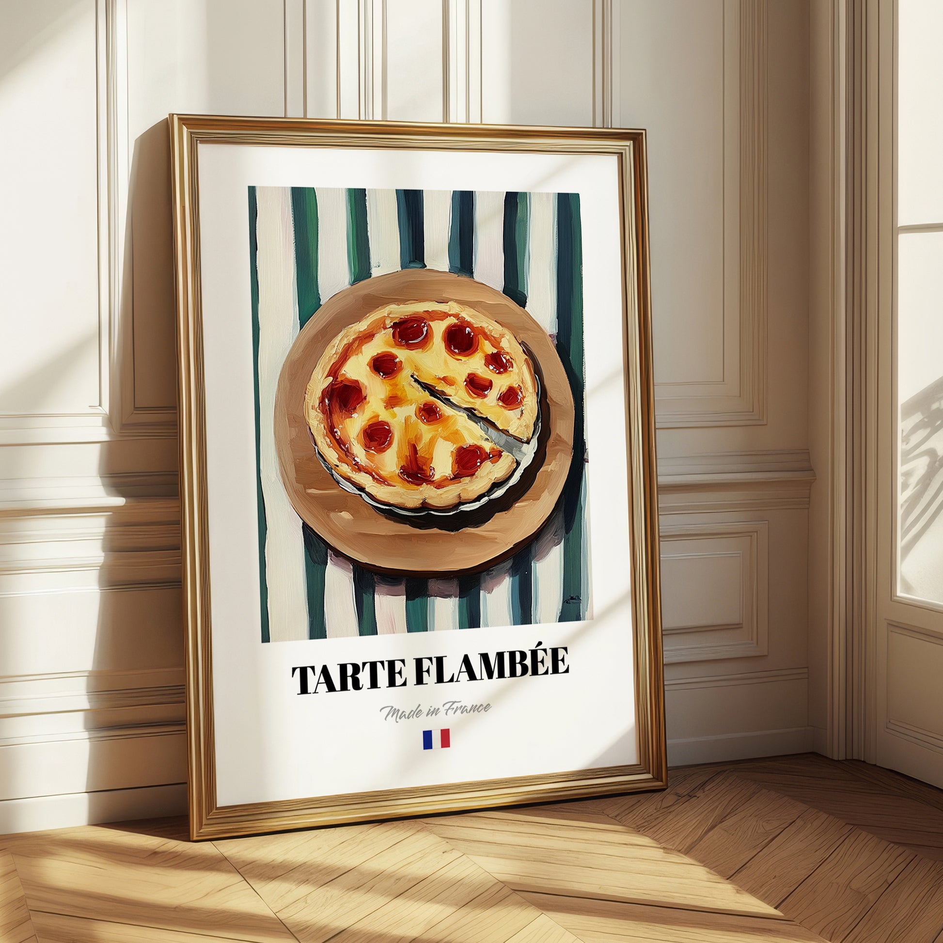 Tarte Flambée – on Striped Tablecloth, French Pastry Painting 