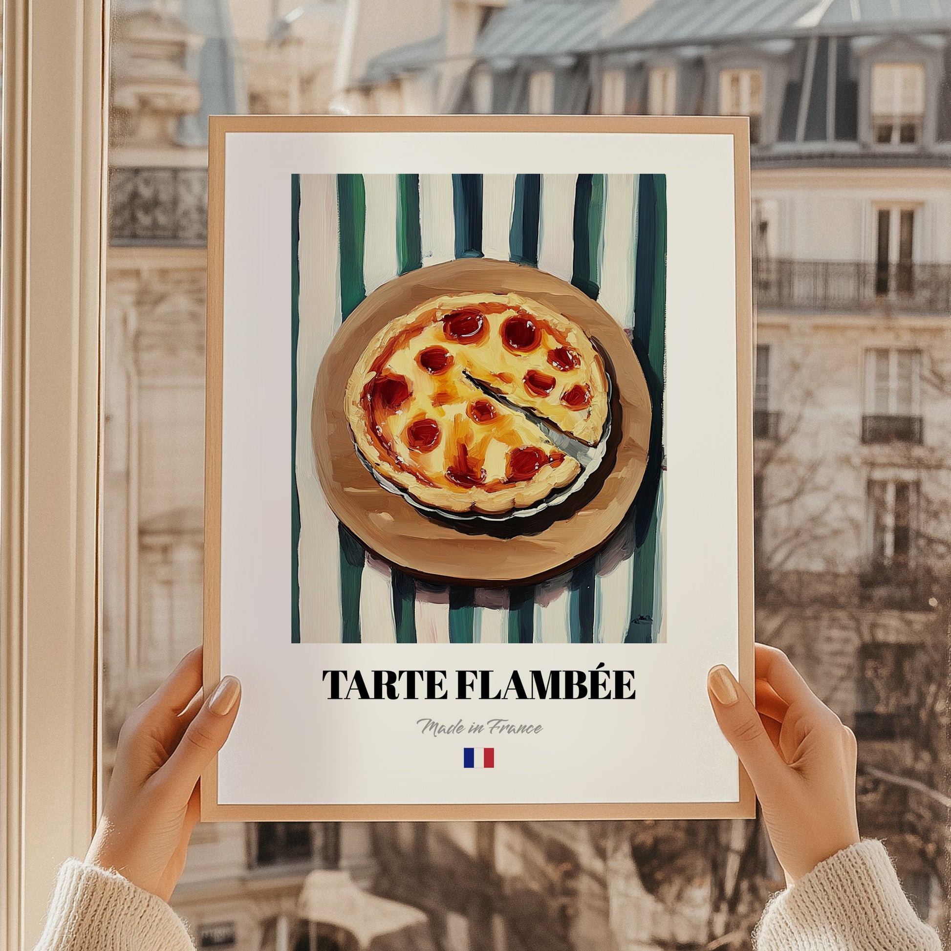 Tarte Flambée – on Striped Tablecloth, French Pastry Painting, styled in a charming Paris street view