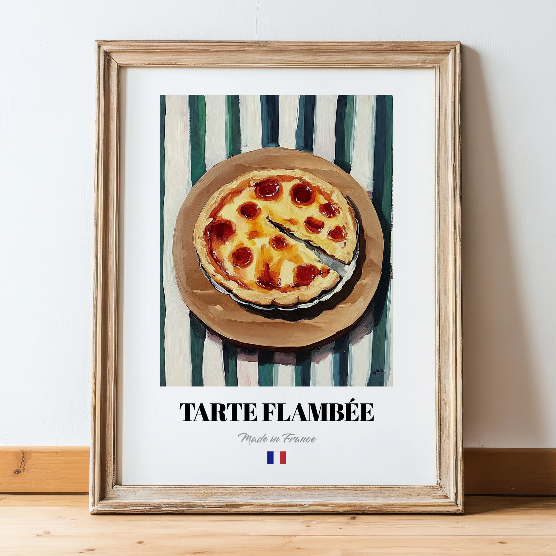 Tarte Flambée – on Striped Tablecloth, French Pastry Painting, in wooden frame leaning on the floor