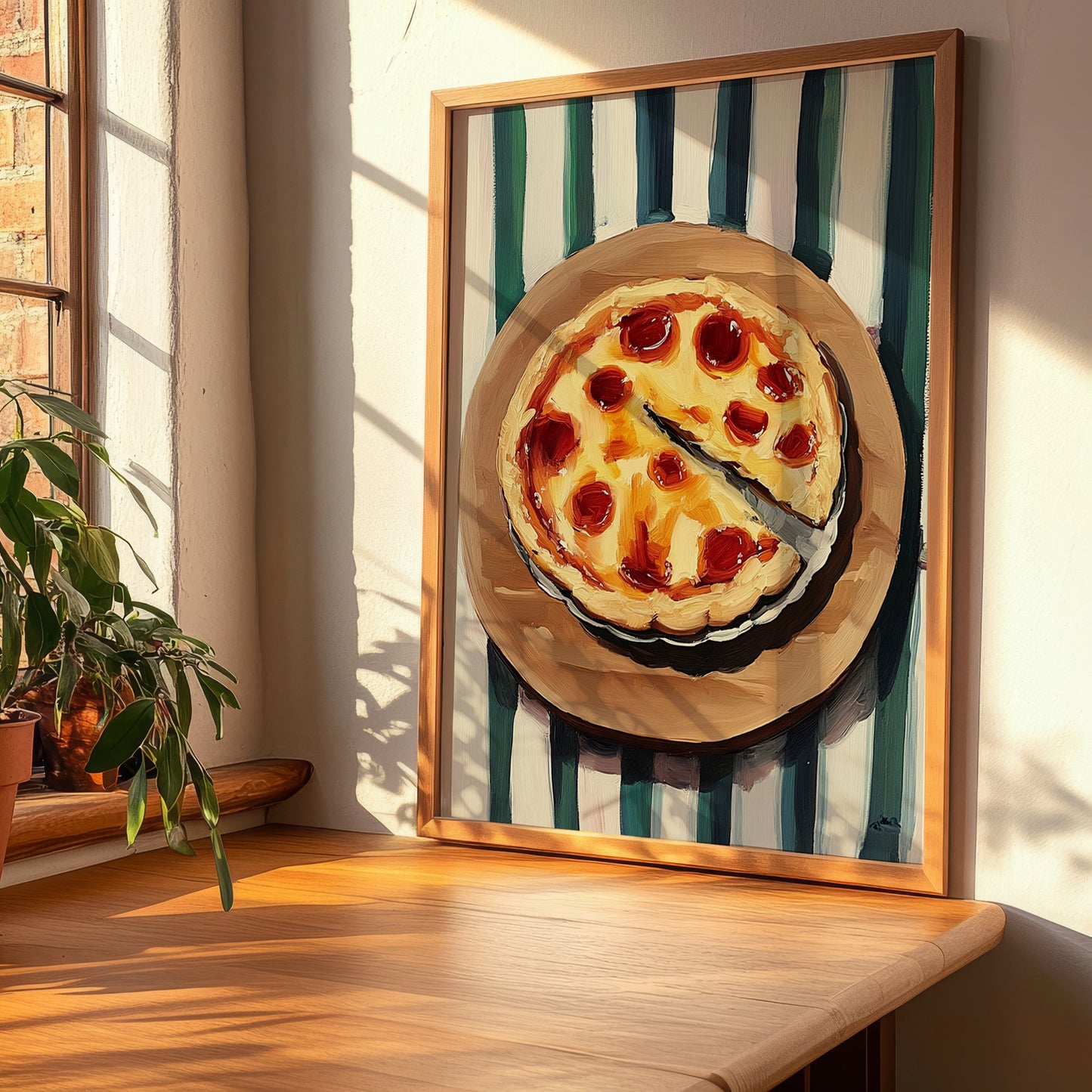 Tarte Flambée – on Striped Tablecloth, French Pastry Painting, clean layout with no caption