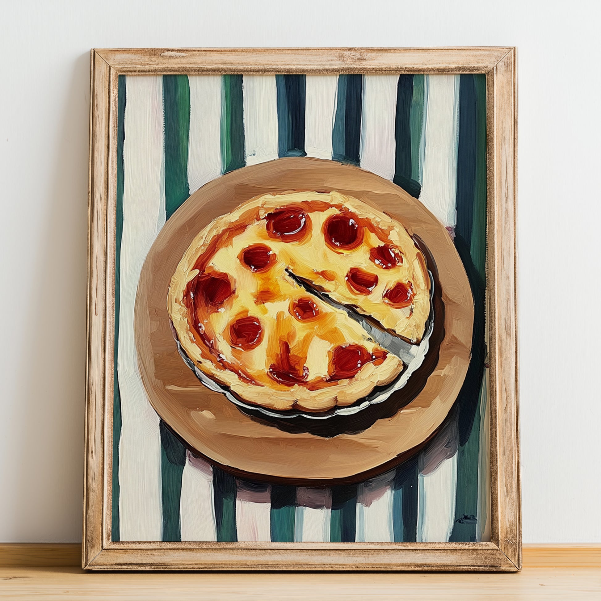 Tarte Flambée – on Striped Tablecloth, French Pastry Painting, no-text version framed in wood