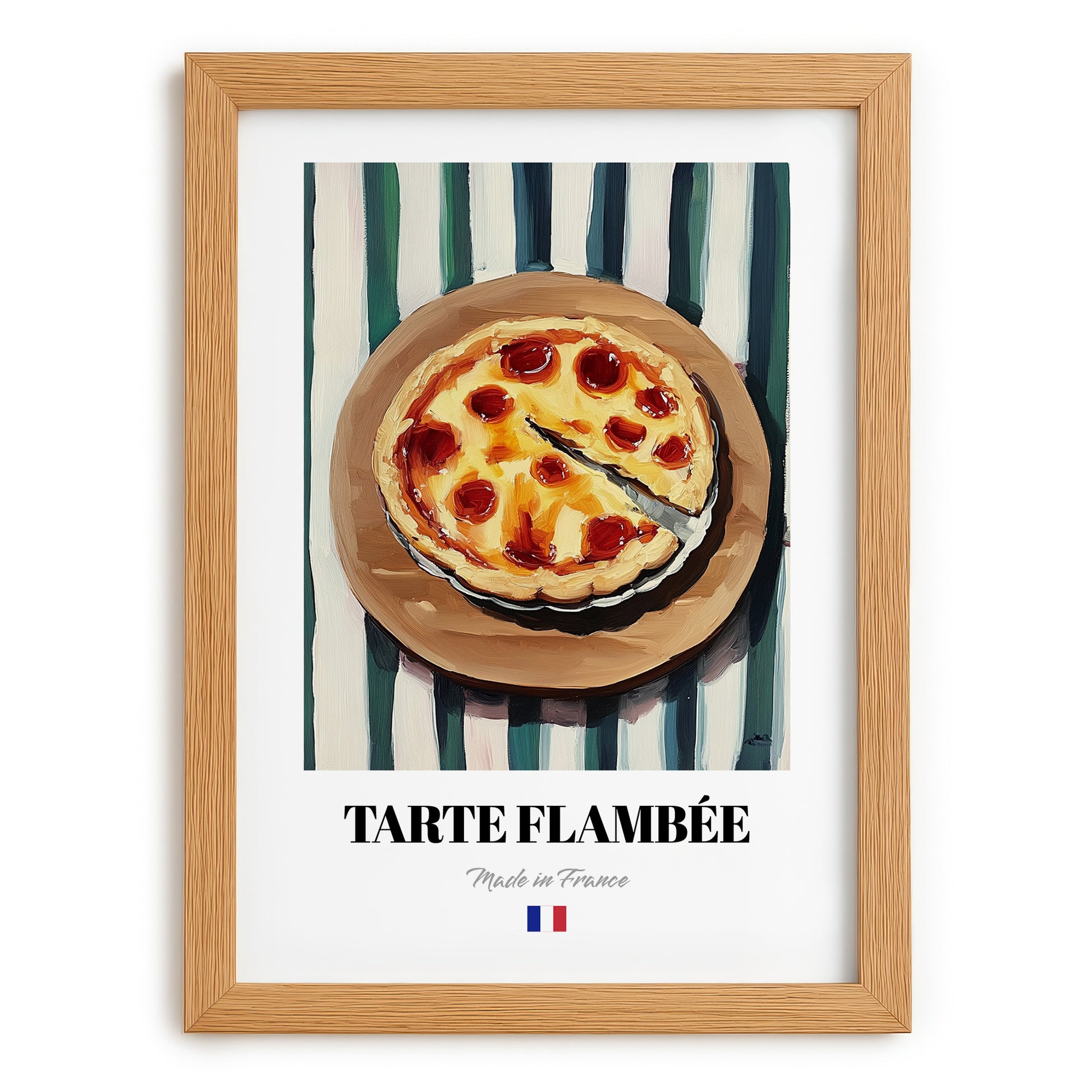 Tarte Flambée – on Striped Tablecloth, French Pastry Painting, set in oak frame
