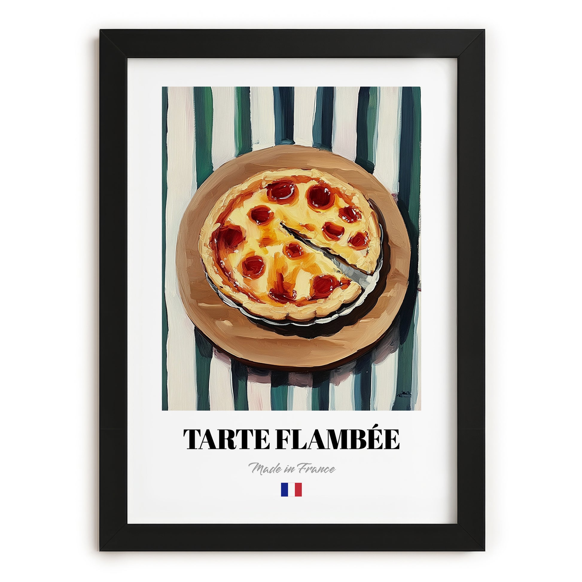 Tarte Flambée – on Striped Tablecloth, French Pastry Painting, in sleek black frame