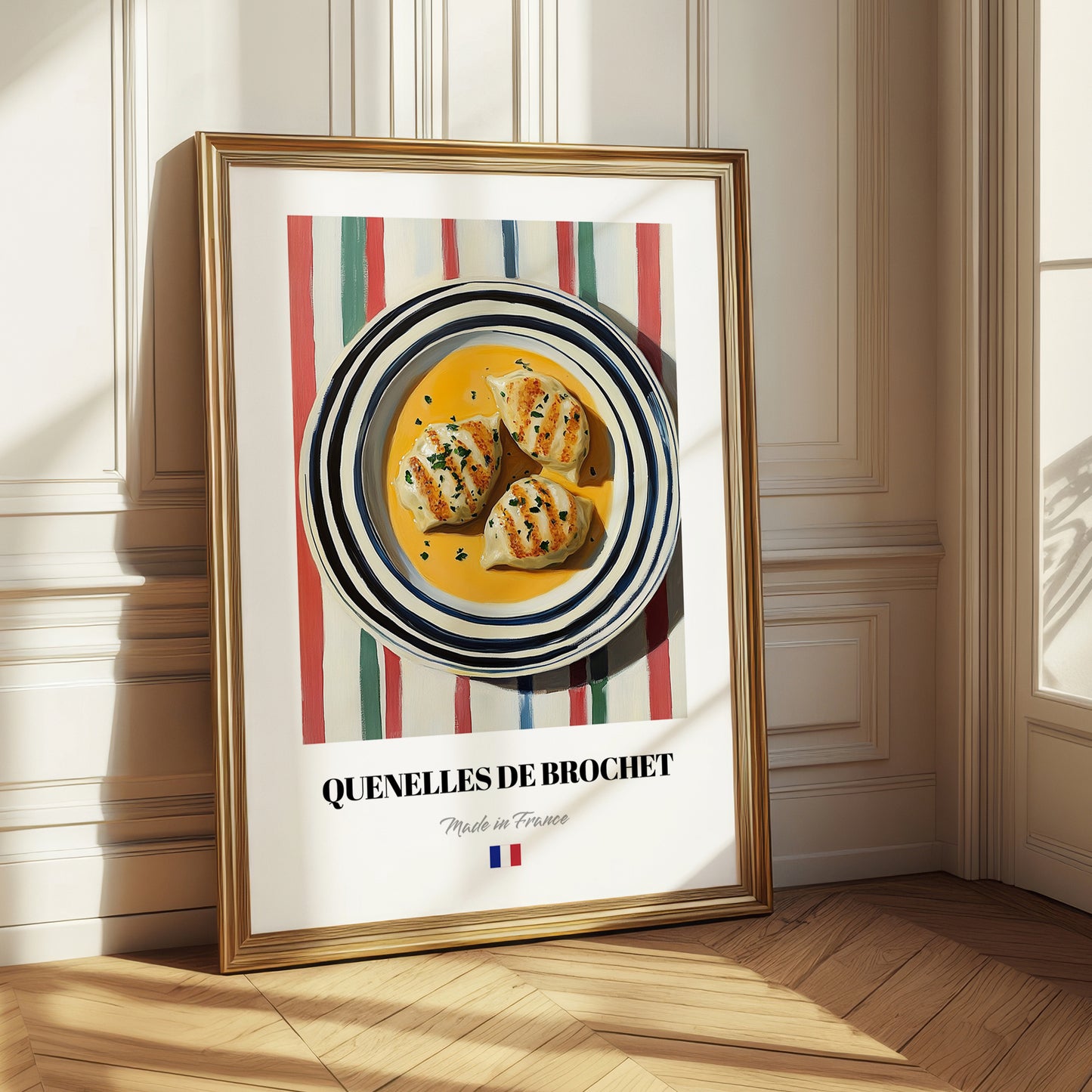 Quenelles de Brochet – on Striped Tablecloth, French Food Painting