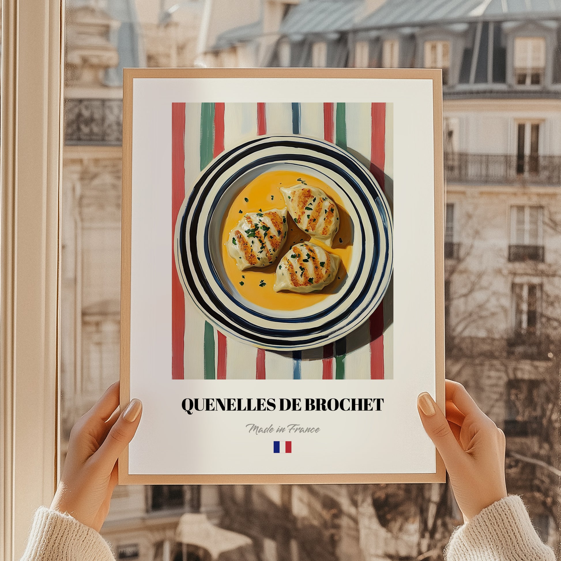 Quenelles de Brochet – on Striped Tablecloth, French Food Painting, styled in a charming Paris street view