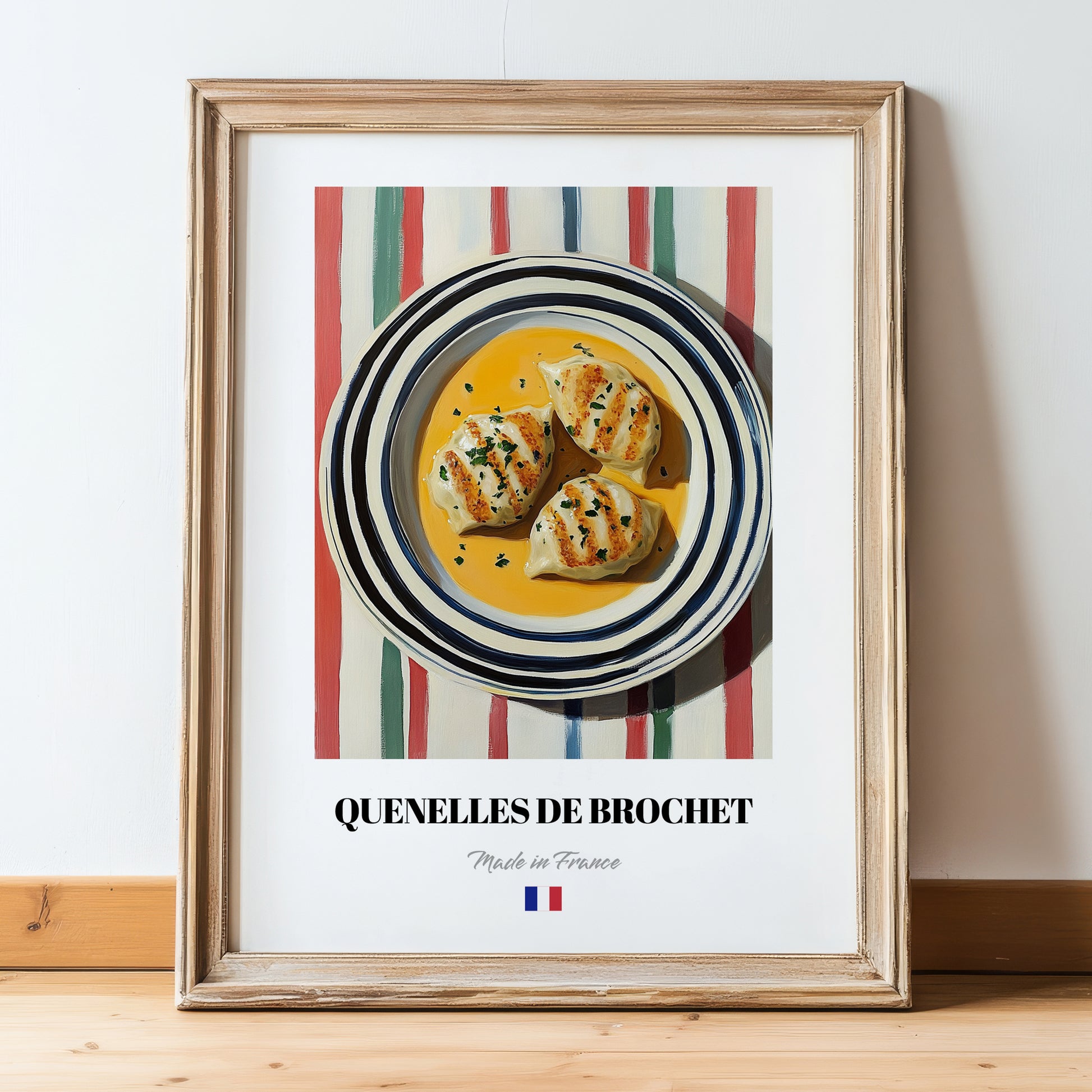 Quenelles de Brochet – on Striped Tablecloth, French Food Painting, in wooden frame leaning on the floor