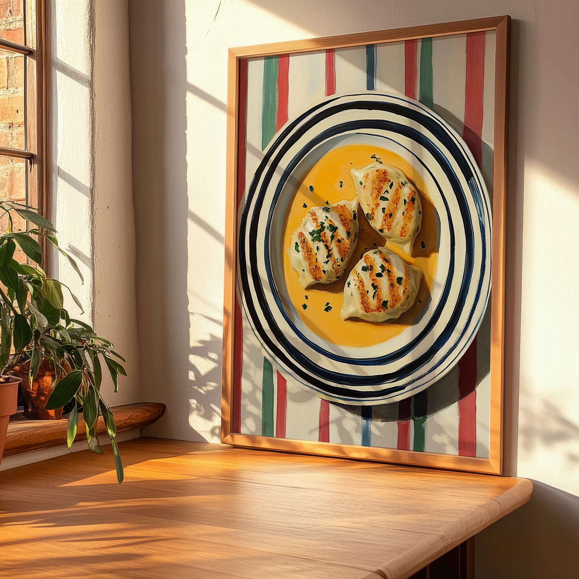 Quenelles de Brochet – on Striped Tablecloth, French Food Painting, clean layout with no caption