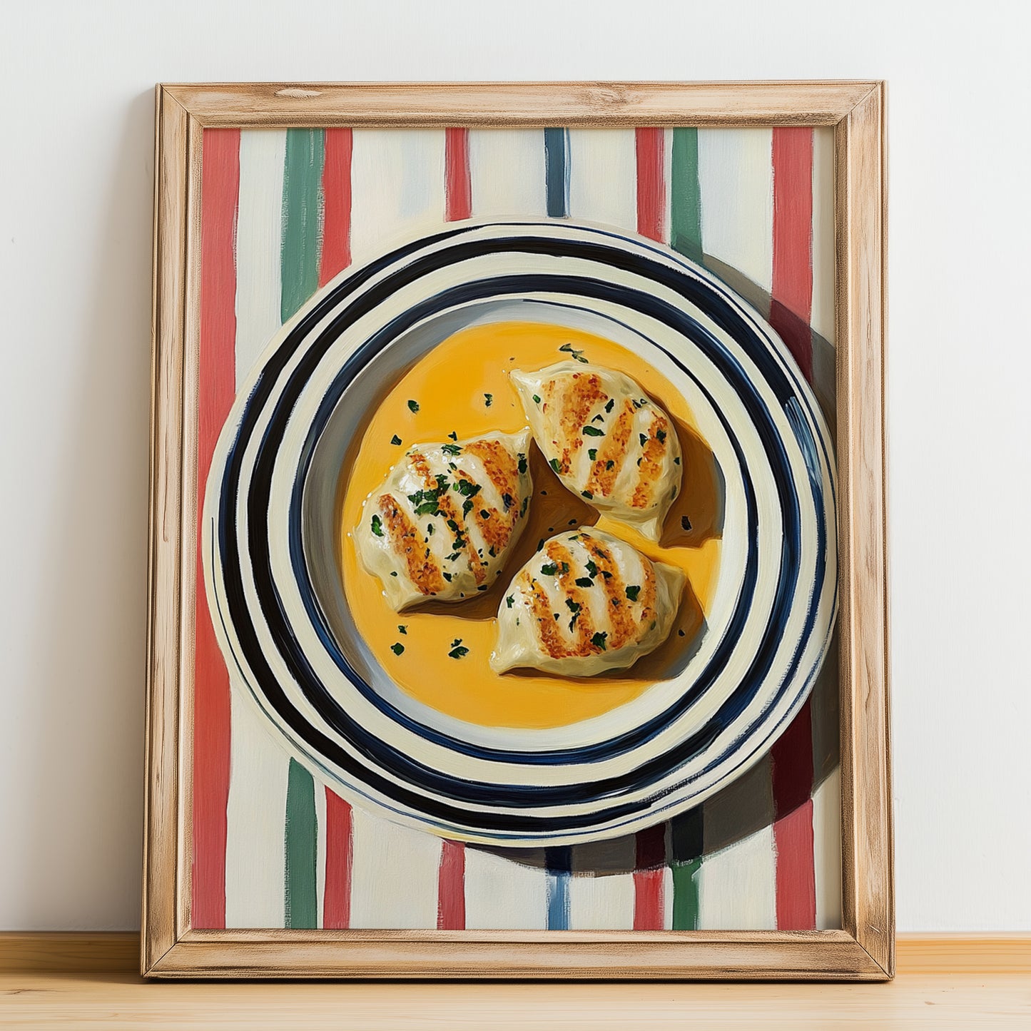 Quenelles de Brochet – on Striped Tablecloth, French Food Painting, no-text version framed in wood