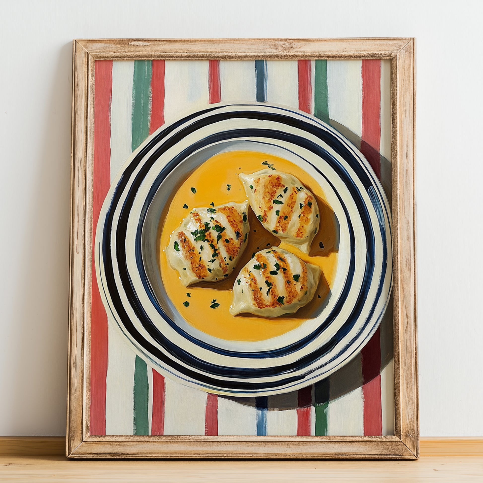 Quenelles de Brochet – on Striped Tablecloth, French Food Painting, no-text version framed in wood