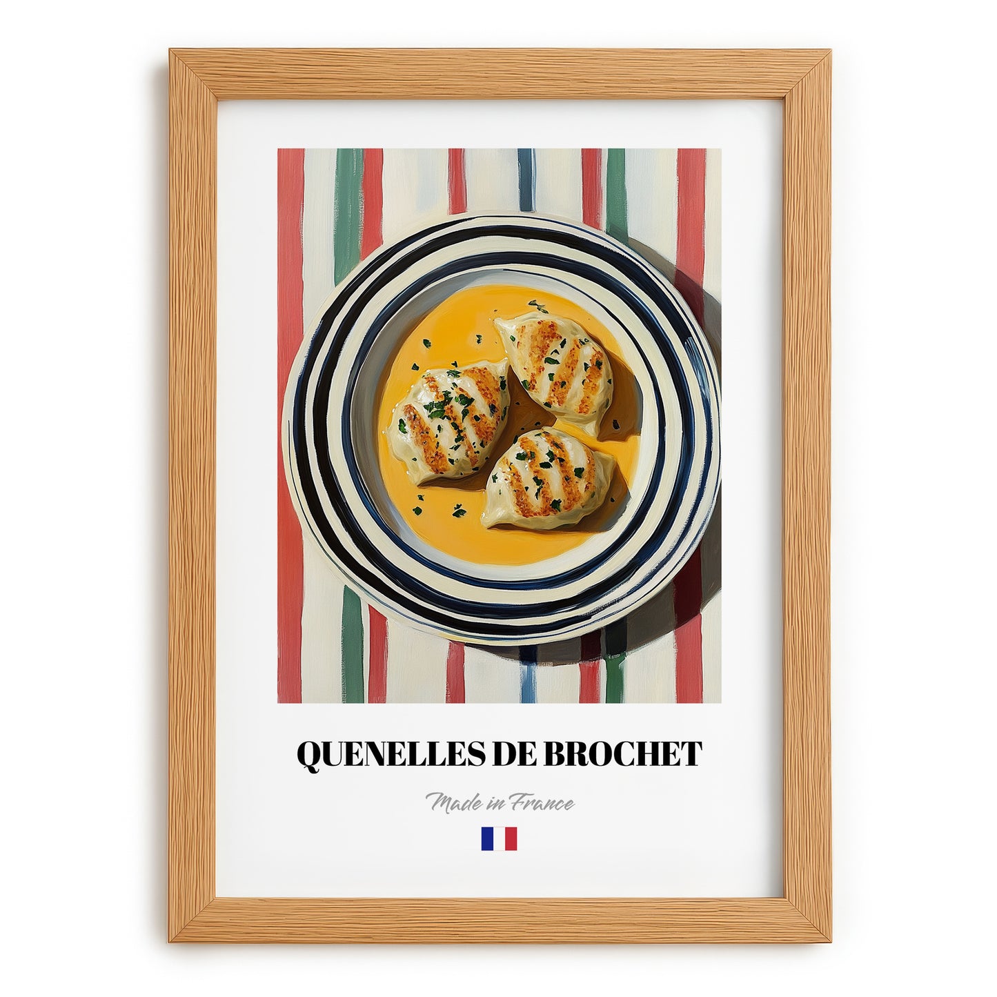 Quenelles de Brochet – on Striped Tablecloth, French Food Painting, set in oak frame