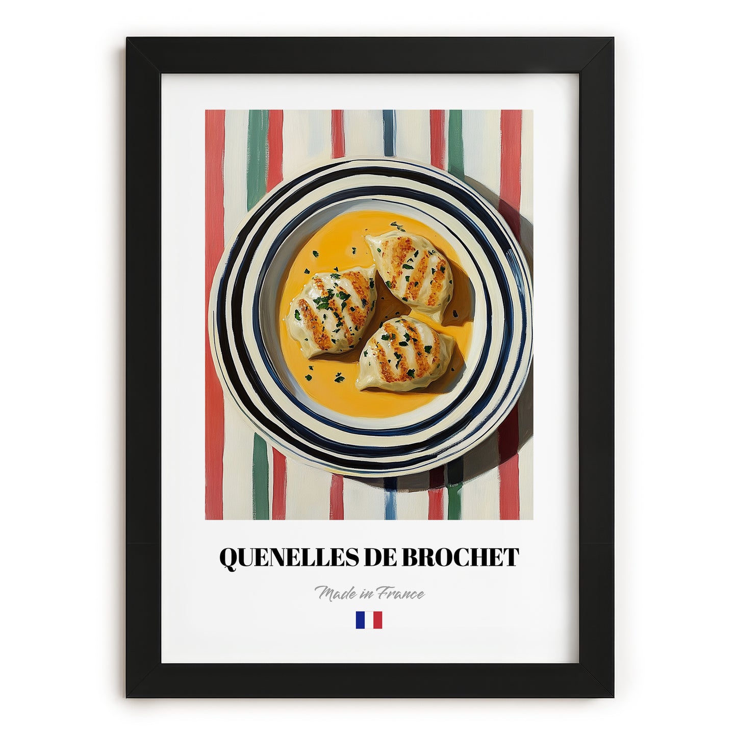 Quenelles de Brochet – on Striped Tablecloth, French Food Painting, in sleek black frame