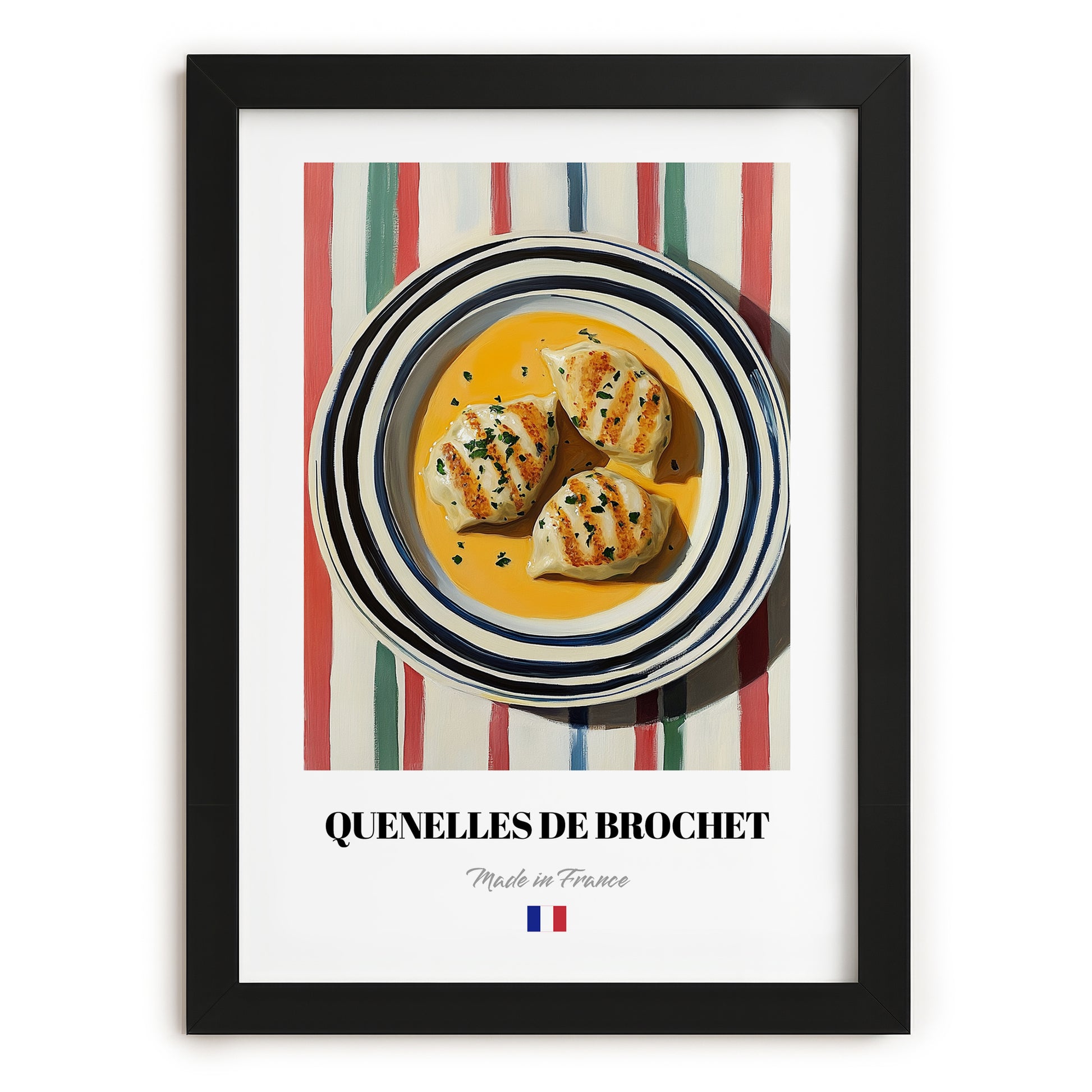 Quenelles de Brochet – on Striped Tablecloth, French Food Painting, in sleek black frame